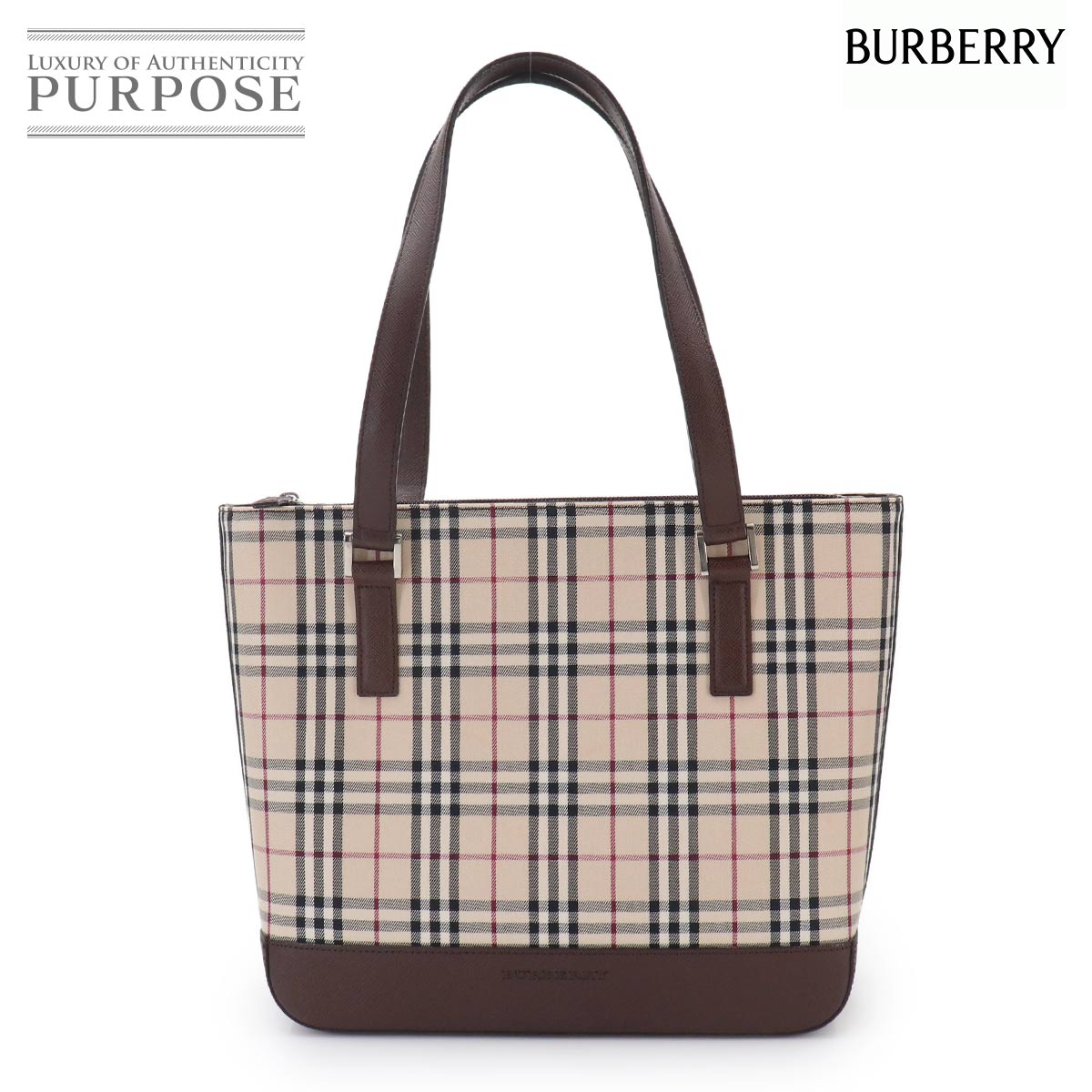 BURBERRY ノバチェック トート バッグ キャンバス レザー ベージュ ブラウン シルバー 金具 Tote Bag バーバリー 90332437