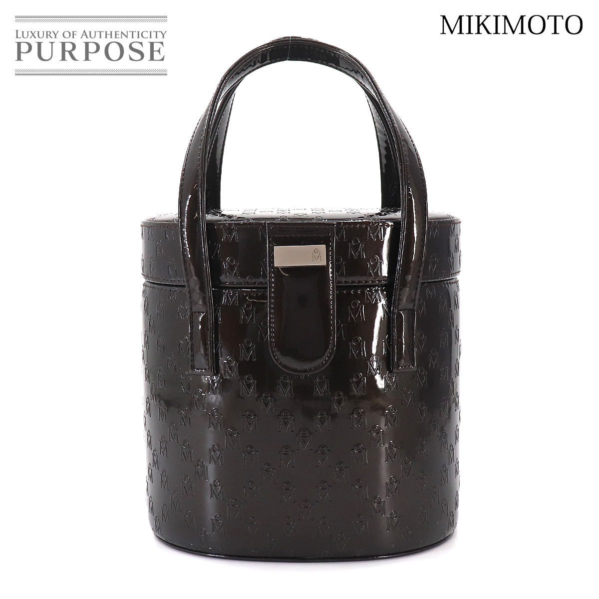 MIKIMOTO ハンド バッグ パテントレザー ダークブラウン シルバー 金具 Hand Bag ミキモト 90332473
