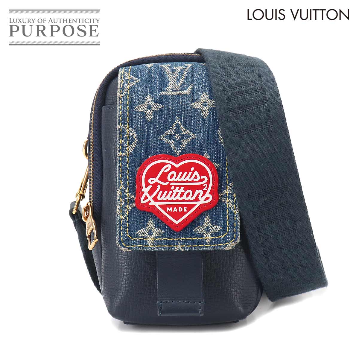 LOUIS VUITTON LVスクエアード ダブル フォンポーチ ショルダー バッグ モノグラムデニム レザー ネイビー NIGO M81060 RFID Double Phone Pouch ルイ ヴィトン 90332474