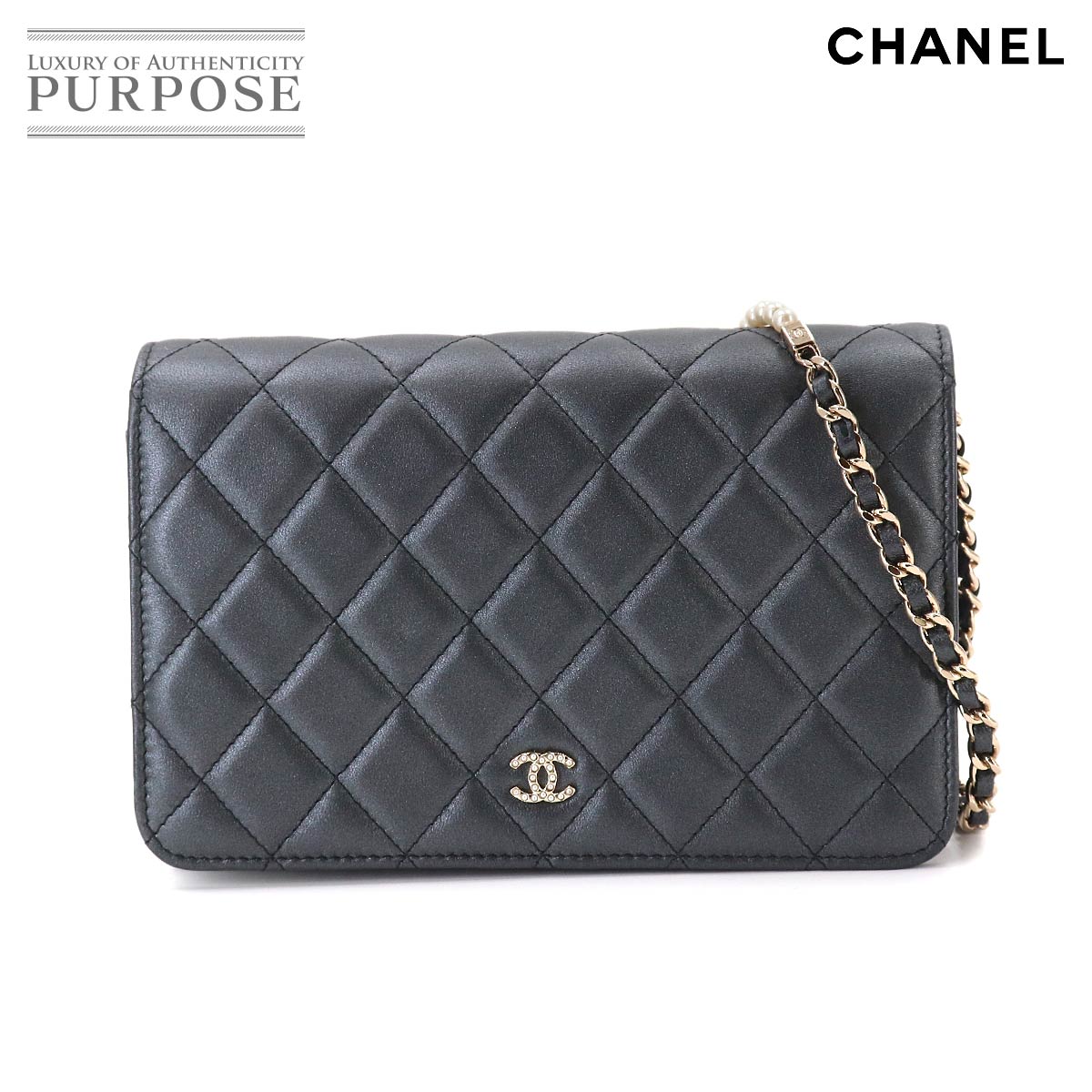 CHANEL マトラッセ チェーン ウォレット 長財布 ラムスキン メタリックグレー A84277 ゴールド 金具 フェイクパール Chain Wallet Chain Walle シャネル 90333844