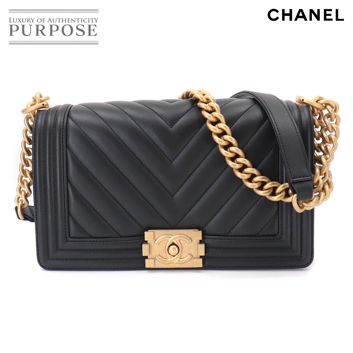 CHANEL ボーイシャネル チェーン ショルダー バッグ カーフスキン ブラック A67086 シェブロン Vステッチ ゴールド 金具 Boy Chanel Bag シャネル 90333866