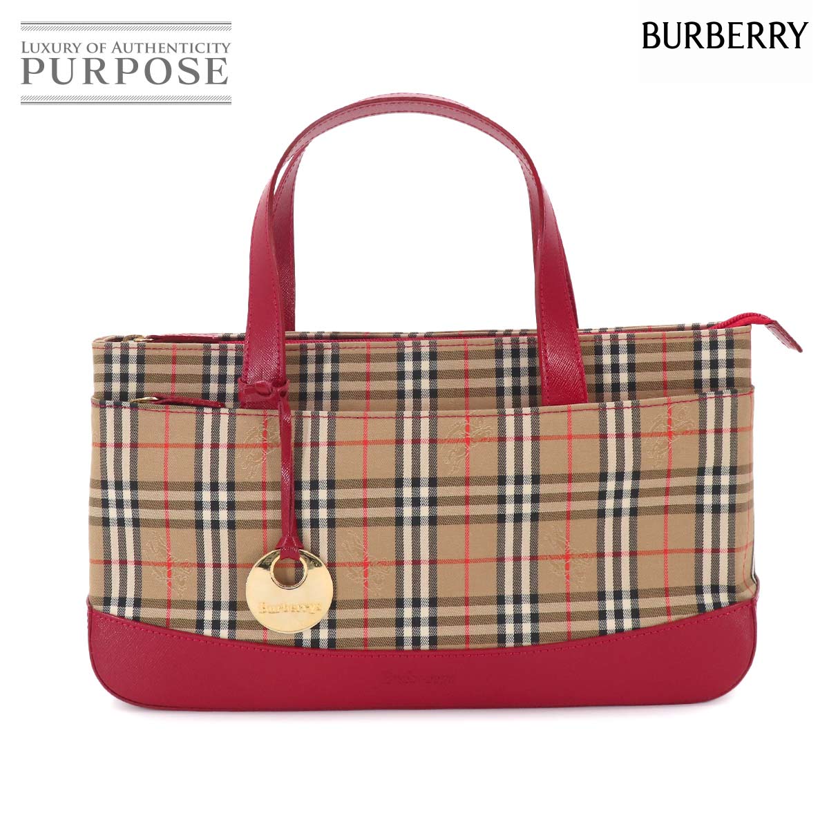 BURBERRY ノバチェック ハンド バッグ キャンバス レザー ベージュ レッド Hand Bag バーバリー 90333887