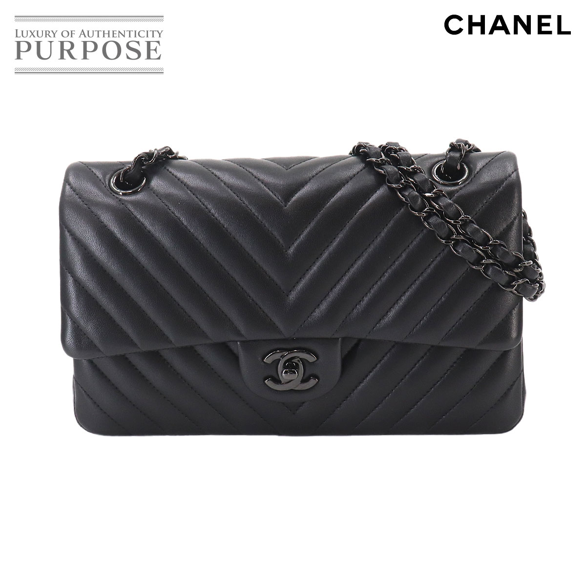 CHANEL シェブロン Vステッチ チェーン ショルダー バッグ ラムスキン ブラック A01112 ブラック 金具 Chevron Bag シャネル 90335340