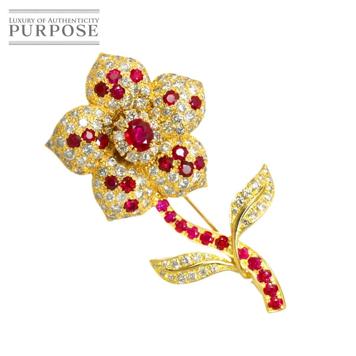 ルビー 0.70ct/3.53ct ダイヤ 3.98ct ブローチ K18 YG イエローゴールド 750 Ruby Brooch 90333417