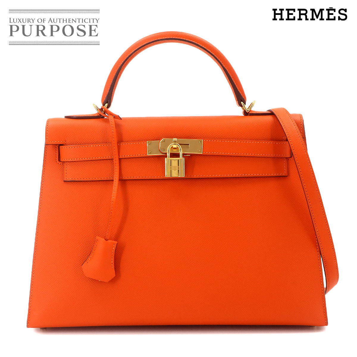 HERMES ケリー 32 エプソン フーオレンジ 2way ハンド ショルダー バッグ 外縫い T刻印 ゴールド 金具 Kelly エルメス 90333820