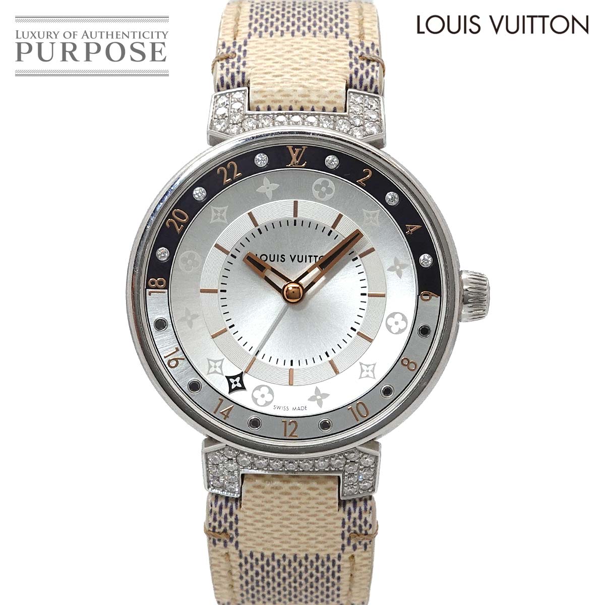 LOUIS VUITTON タンブール ムーン デュアルタイム MM GMT QA108 ラグダイヤ レディース 腕時計 12P ブラック ダイヤ シルバー クォーツ ウォッチ Tambour ルイ ヴィトン 90336082