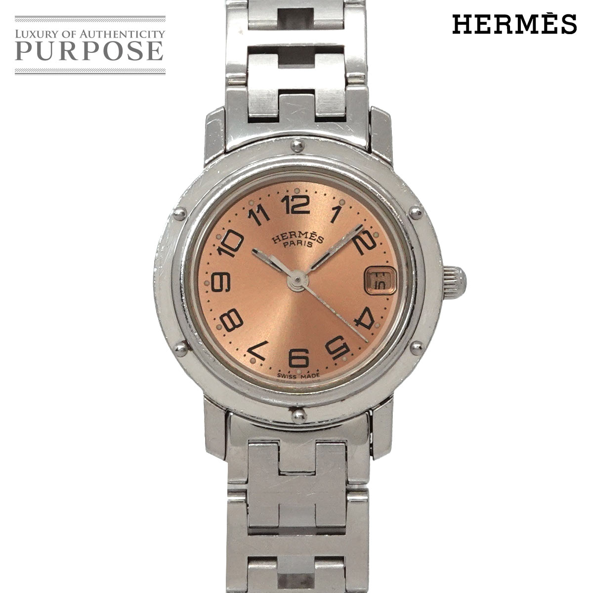 HERMES クリッパー CL4 210 レディース 腕時計 デイト ピンク クォーツ ウォッチ Clipper エルメス 90336154