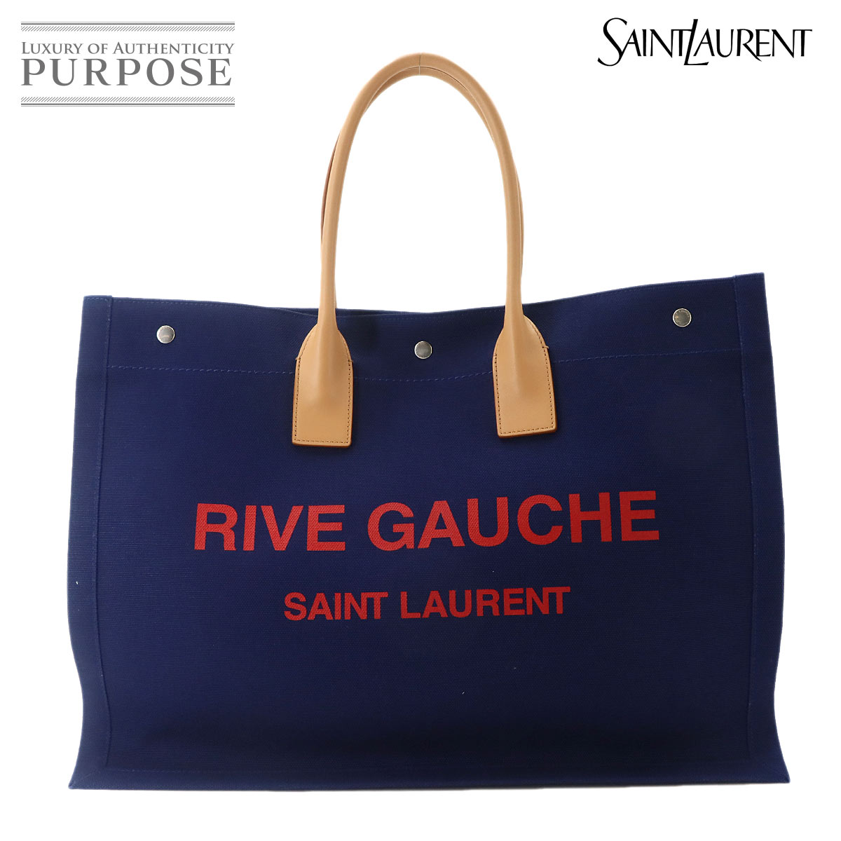 SAINT LAURENT リヴ ゴーシュ ラージ トート バッグ キャンバス ネイビー ベージュ 509415 Rive Gauche サンローラン 90335315