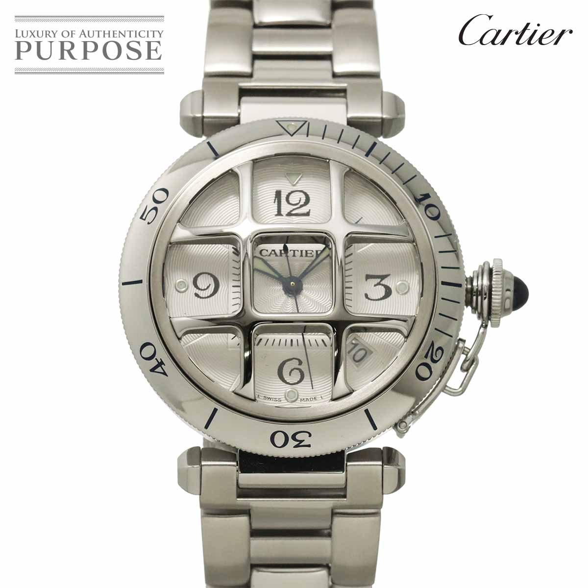 Cartier パシャ 38mm グリッド W31059H3 メンズ 腕時計 デイト シルバー オートマ 自動巻き ウォッチ Pasha カルティエ 90329326