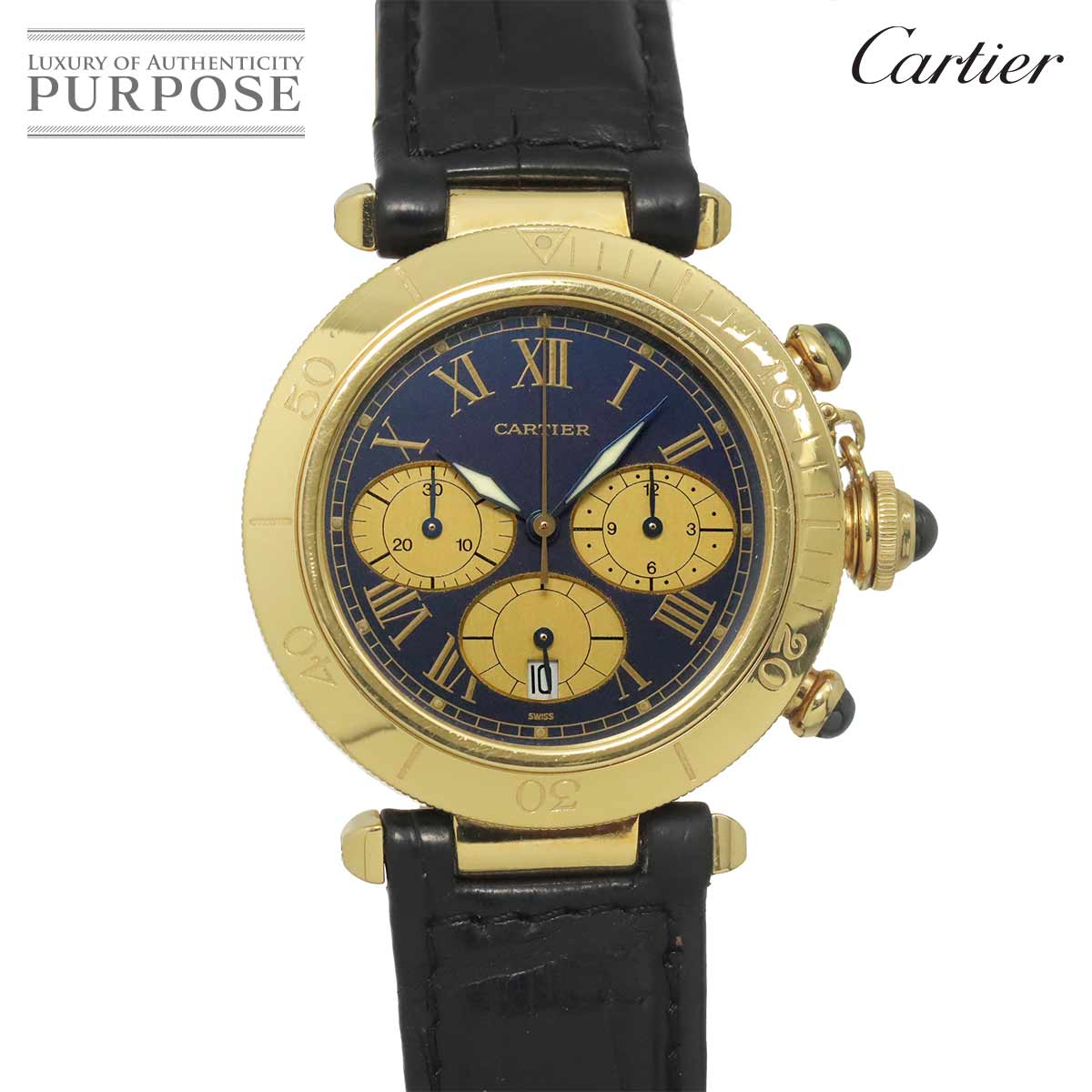 Cartier パシャ 38mm W3003551 メンズ 腕時計 クロノグラフ デイト ブルー K18YG イエローゴールド クォーツ ウォッチ Pasha カルティエ 90333211