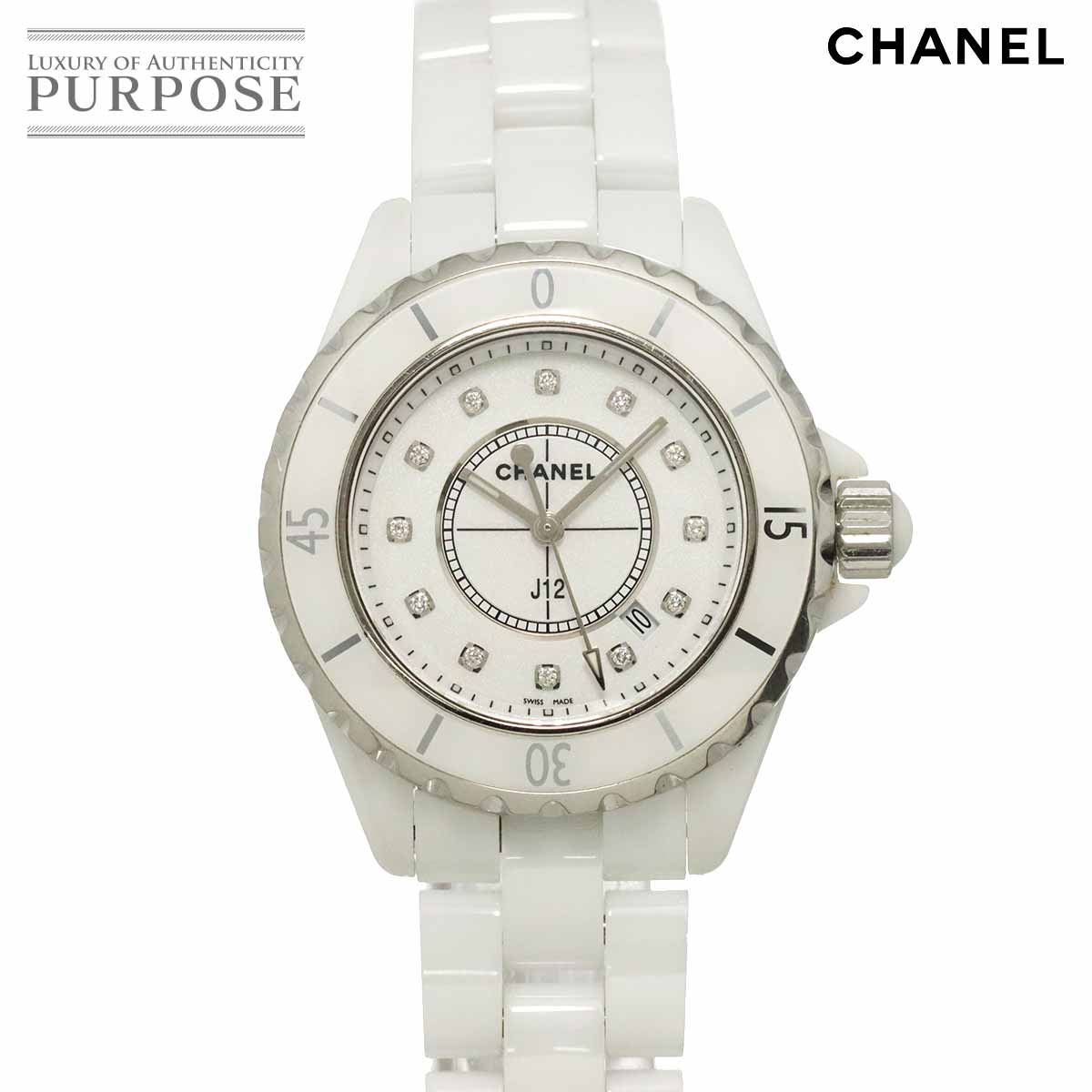 CHANEL J12 33mm H1628 レディース 腕時計 12P ダイヤ デイト ホワイト セラミック クォーツ ウォッチ シャネル 90333245