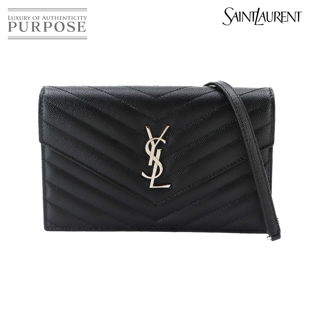 SAINT LAURENT カサンドラ エンベロープ チェーン ウォレット 長財布 レザー ブラック 742920 シルバー 金具 Cassandre Envelope Chain Wallet サンローラン 90329272