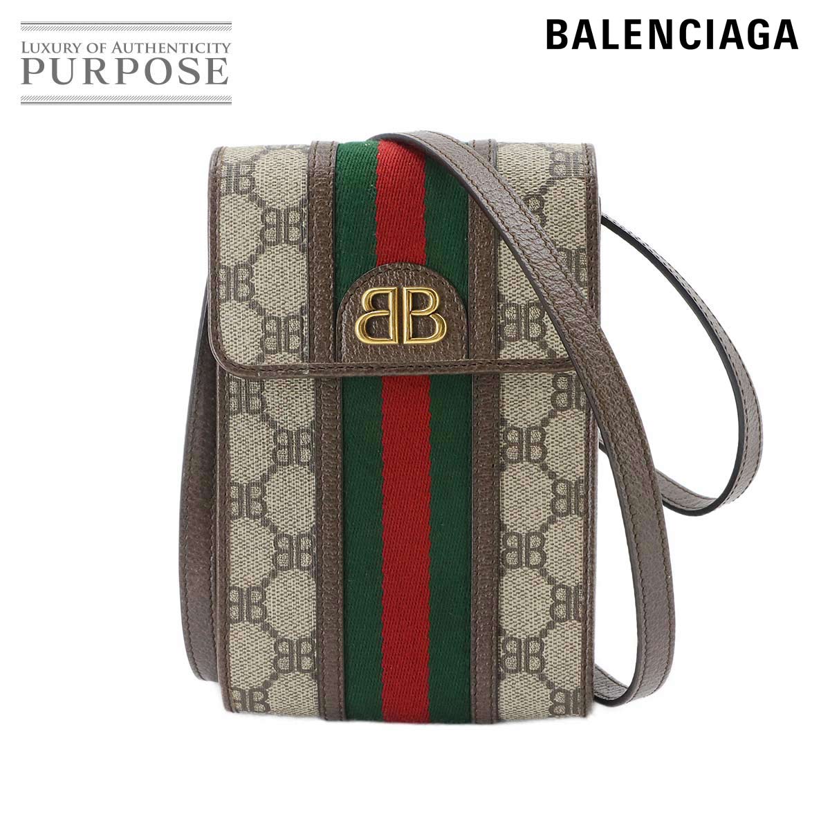 BALENCIAGA グッチ ハッカー プロジェクト フォン ポーチ ショルダー バッグ PVC レザー ベージュ ブラウン 680130 Phone Holder with Strap バレンシアガ 90332989