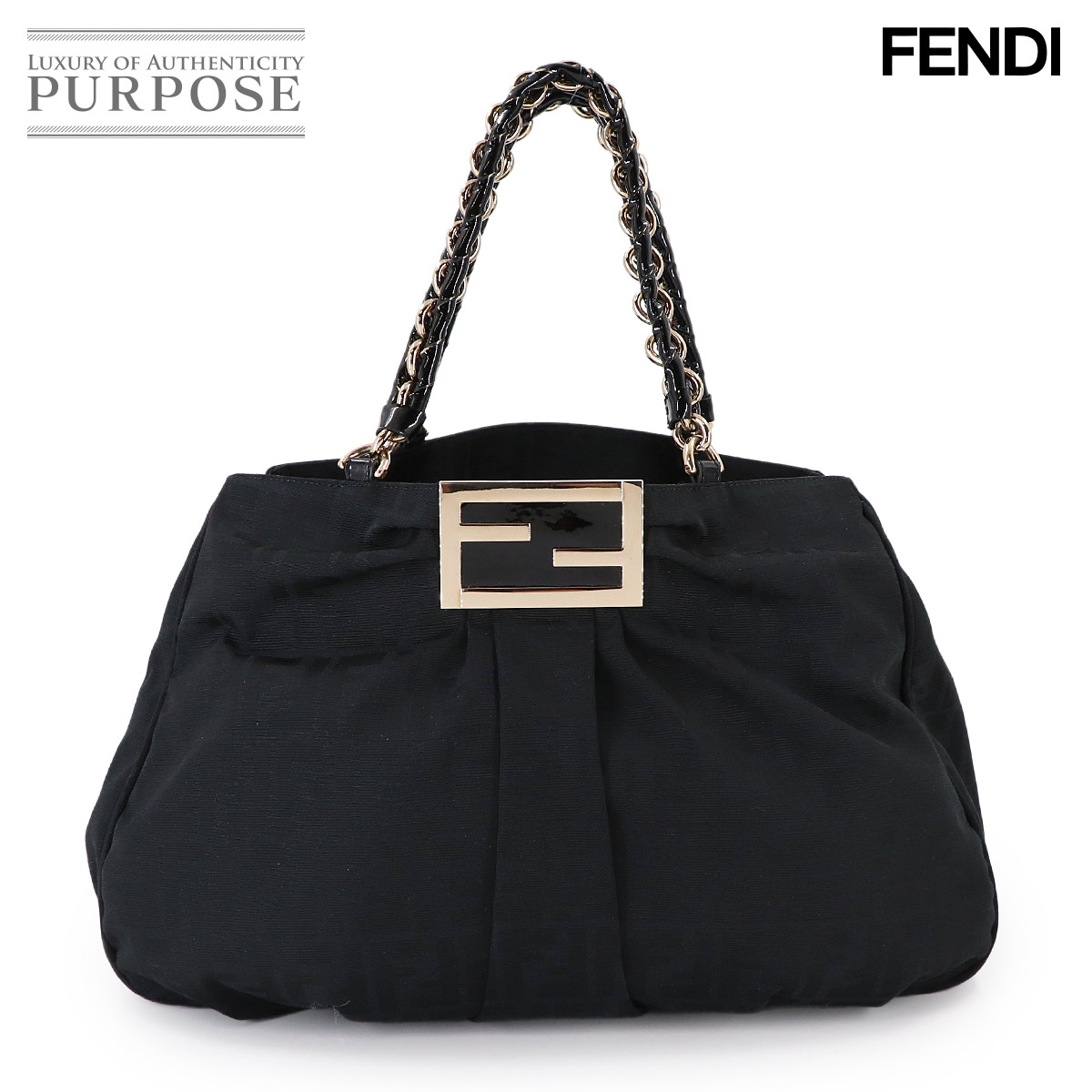 FENDI ズッカ チェーン トート バッグ キャンバス エナメル ブラック 8BR616 ゴールド 金具 Zucca Bag フェンディ 90314125