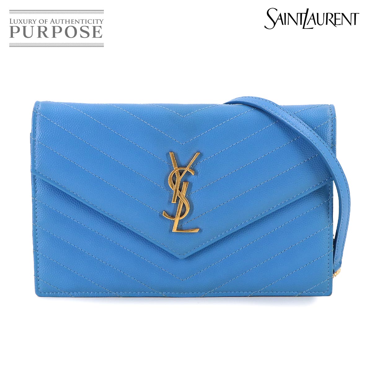 SAINT LAURENT カサンドラ エンベロープ チェーン ウォレット 長財布 レザー ブルー 393953 ゴールド 金具 Cassandre Envelope Chain Wallet サンローラン 90314156
