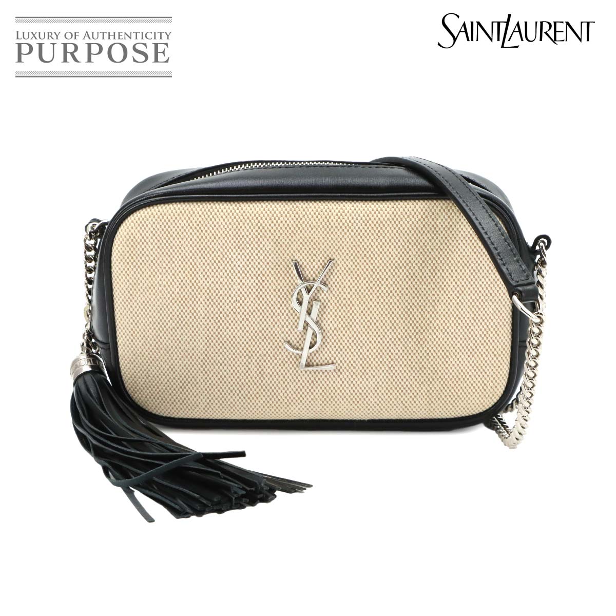 SAINT LAURENT ルー カメラ バッグ チェーン ショルダー バッグ キャンバス レザー ベージュ ブラック 612563 シルバー 金具 Lou Camera Bag サンローラン 90318262