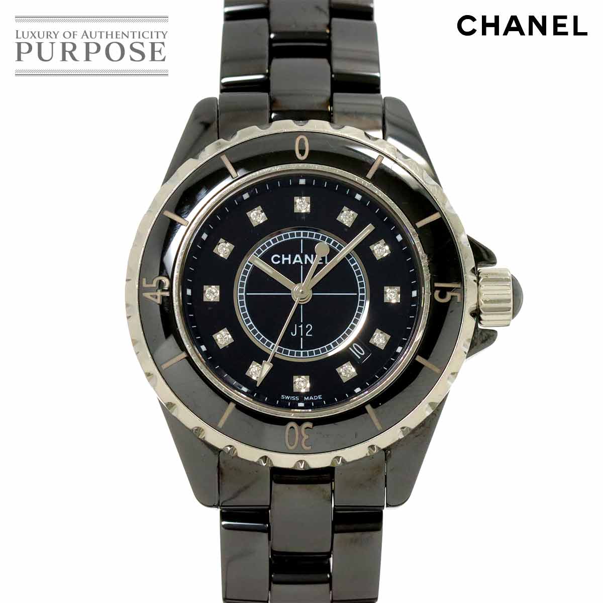 CHANEL J12 33mm H1625 レディース 腕時計 12P ダイヤ デイト ブラック ブラック セラミック クォーツ ウォッチ シャネル 90292696