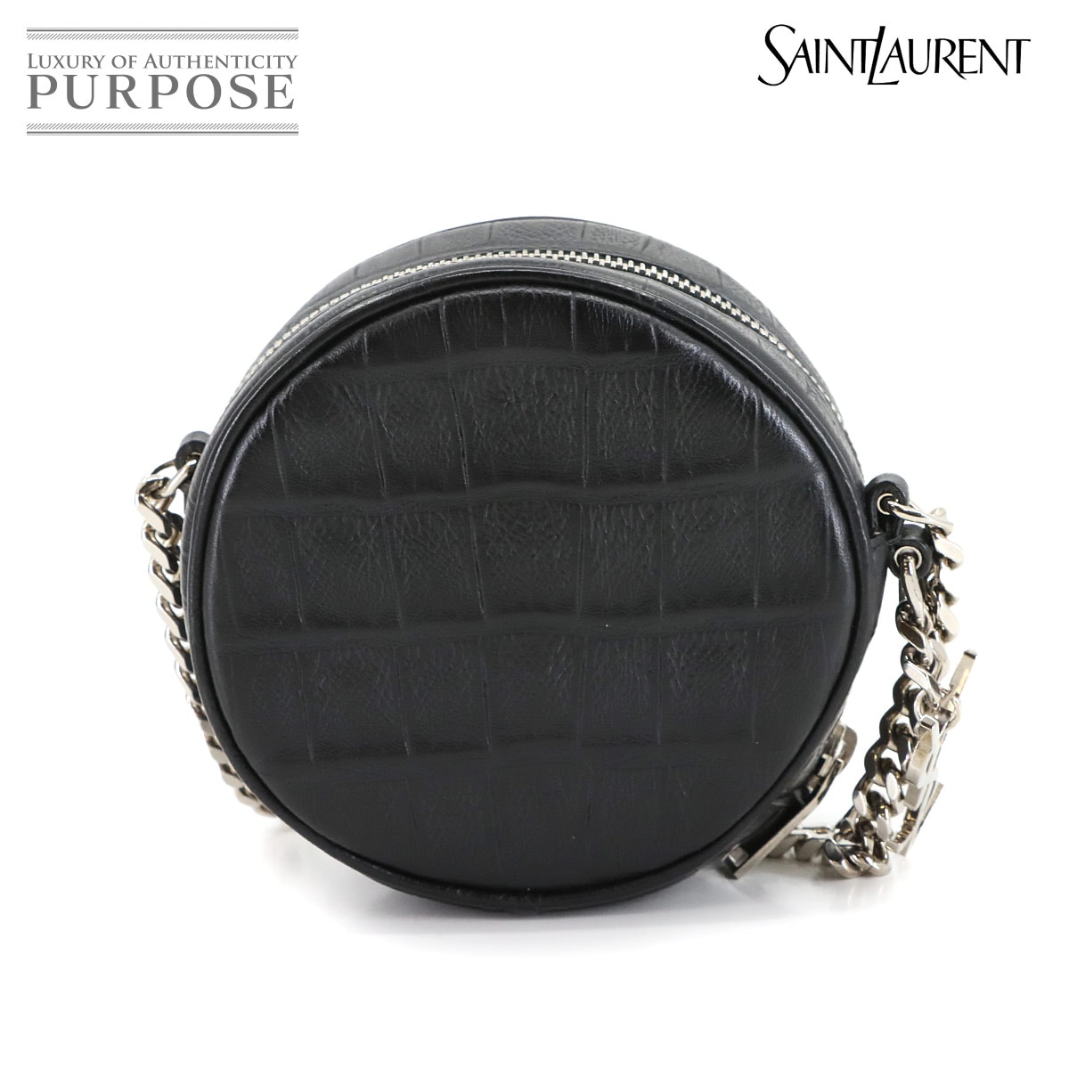 SAINT LAURENT ラウンド チェーン ショルダー バッグ 型押し レザー ブラック 357400 Round Chain Shoulder Bag サンローラン パリ 90302930
