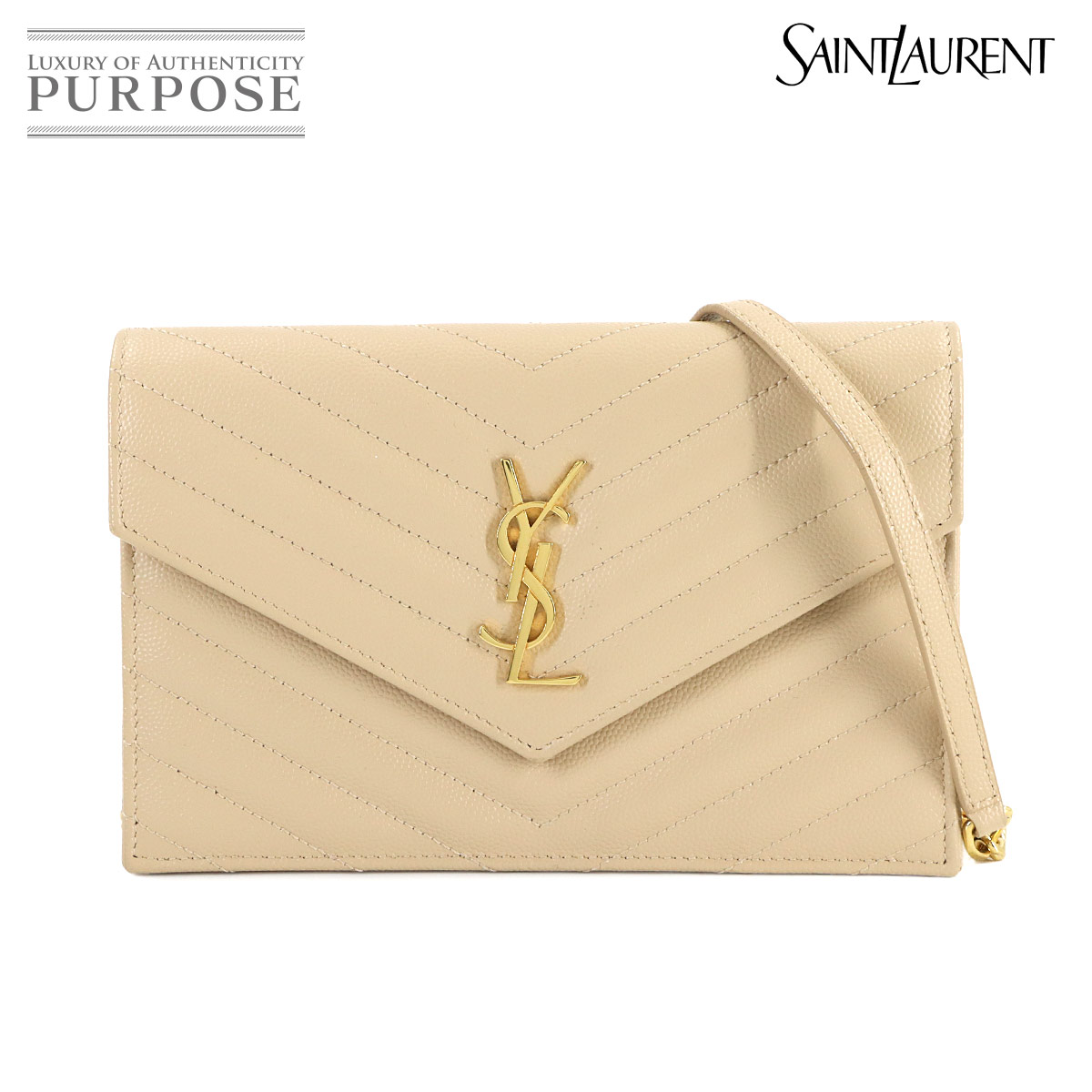 SAINT LAURENT カサンドラ エンベロープ チェーン ウォレット 長財布 レザー ベージュ 393953 ゴールド 金具 Cassandre Envelope Chain Wallet サンローラン 90314453