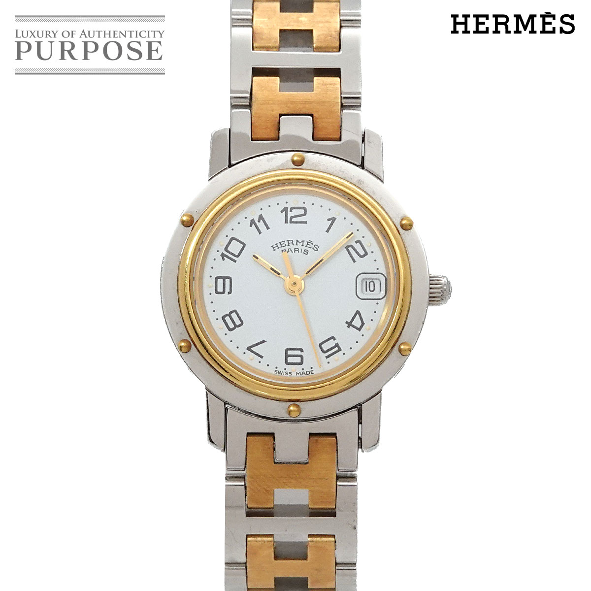 HERMES クリッパー コンビ CL4 220 レディース 腕時計 デイト ホワイト クォーツ ウォッチ Clipper エルメス 90338048