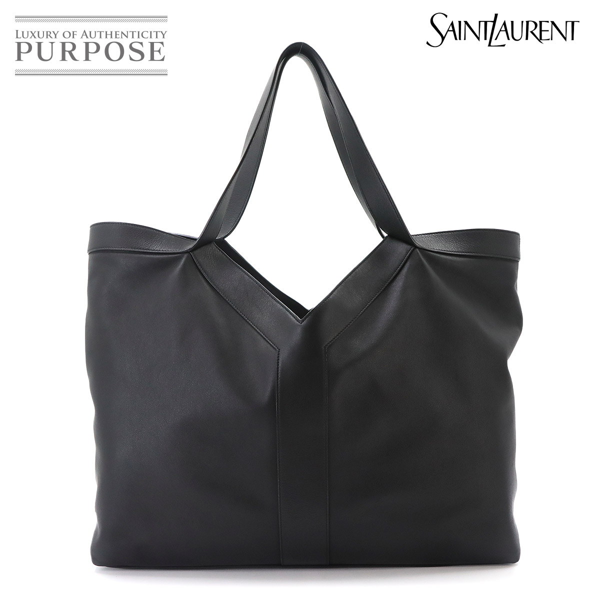 SAINT LAURENT Y ラージ トート バッグ レザー ブラック 820672 シルバー 金具 Y Large Tote Bag サンローラン 90333792
