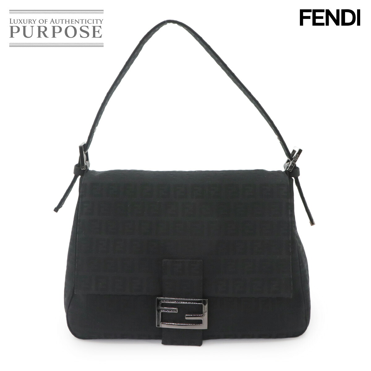 FENDI ズッキーノ マンマバケット ショルダー バッグ キャンバス ブラック 8BR001 シルバー 金具 Zucchino Mamma Baguette フェンディ 90335336