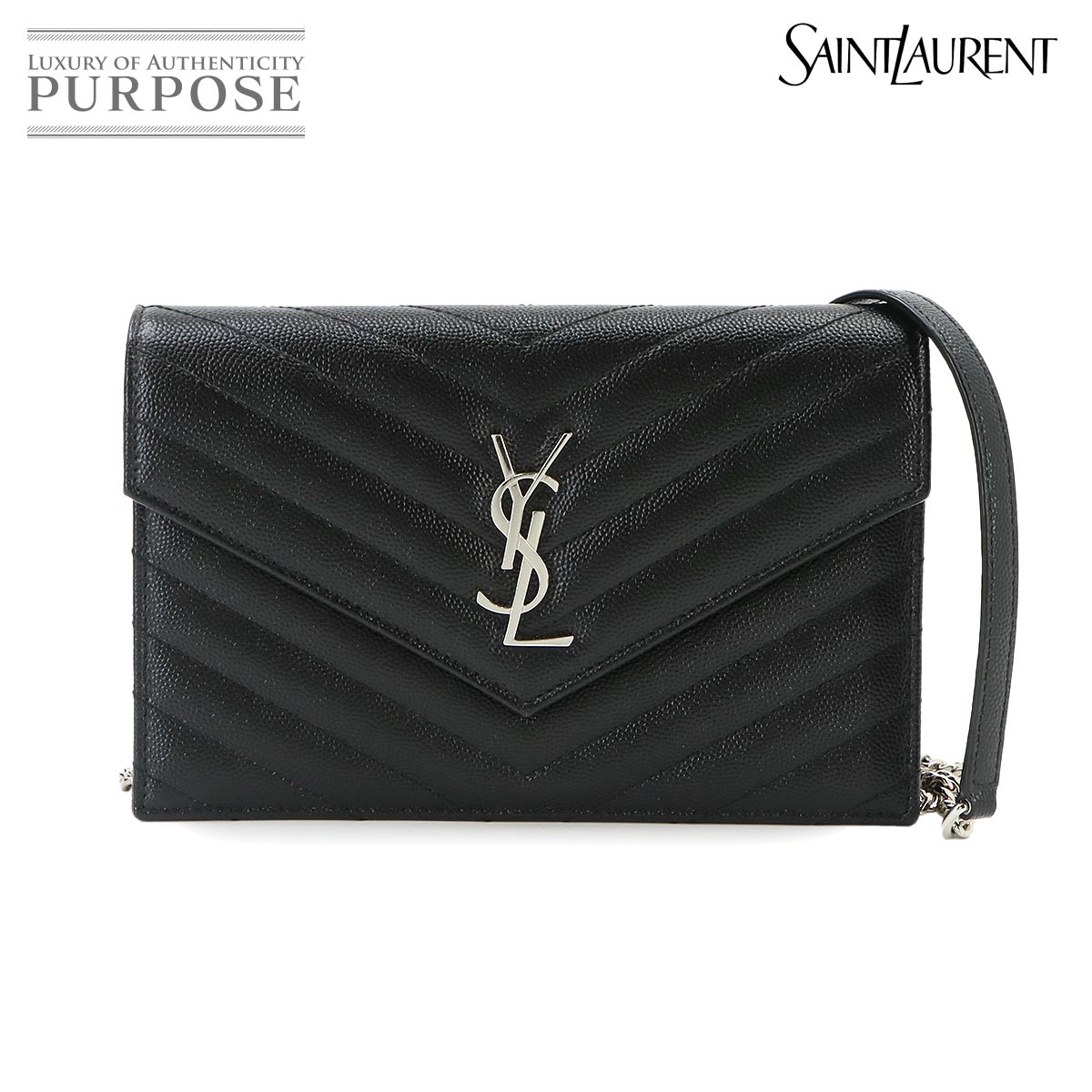 SAINT LAURENT カサンドラ エンベロープ チェーン ウォレット 長財布 レザー ブラック 742920 シルバー 金具 Cassandre Envelope Chain Wallet サンローラン 90331015