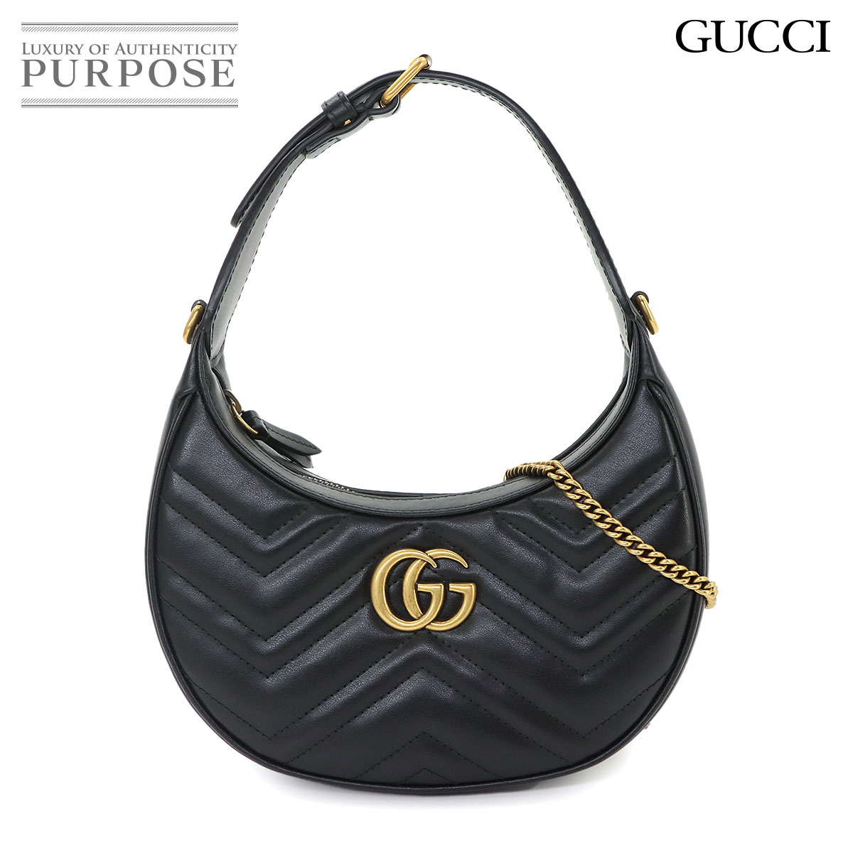 GUCCI GGマーモント ハーフムーン シェイプ ミニ 2way ハンド ショルダー バッグ レザー ブラック 699514 Half Moon Shaped Mini Bag グッチ 90333787
