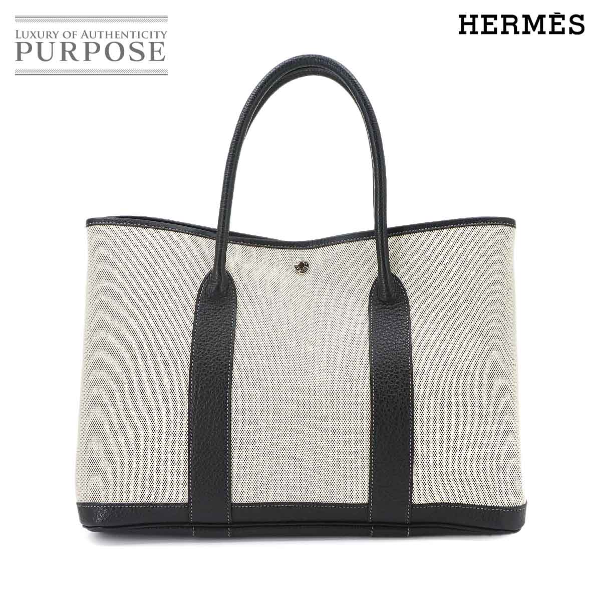 HERMES ガーデンパーティ 36 PM トート バッグ トワルアッシュ レザー ブラック グレー □J刻印 Garden Party PM エルメス 90338356