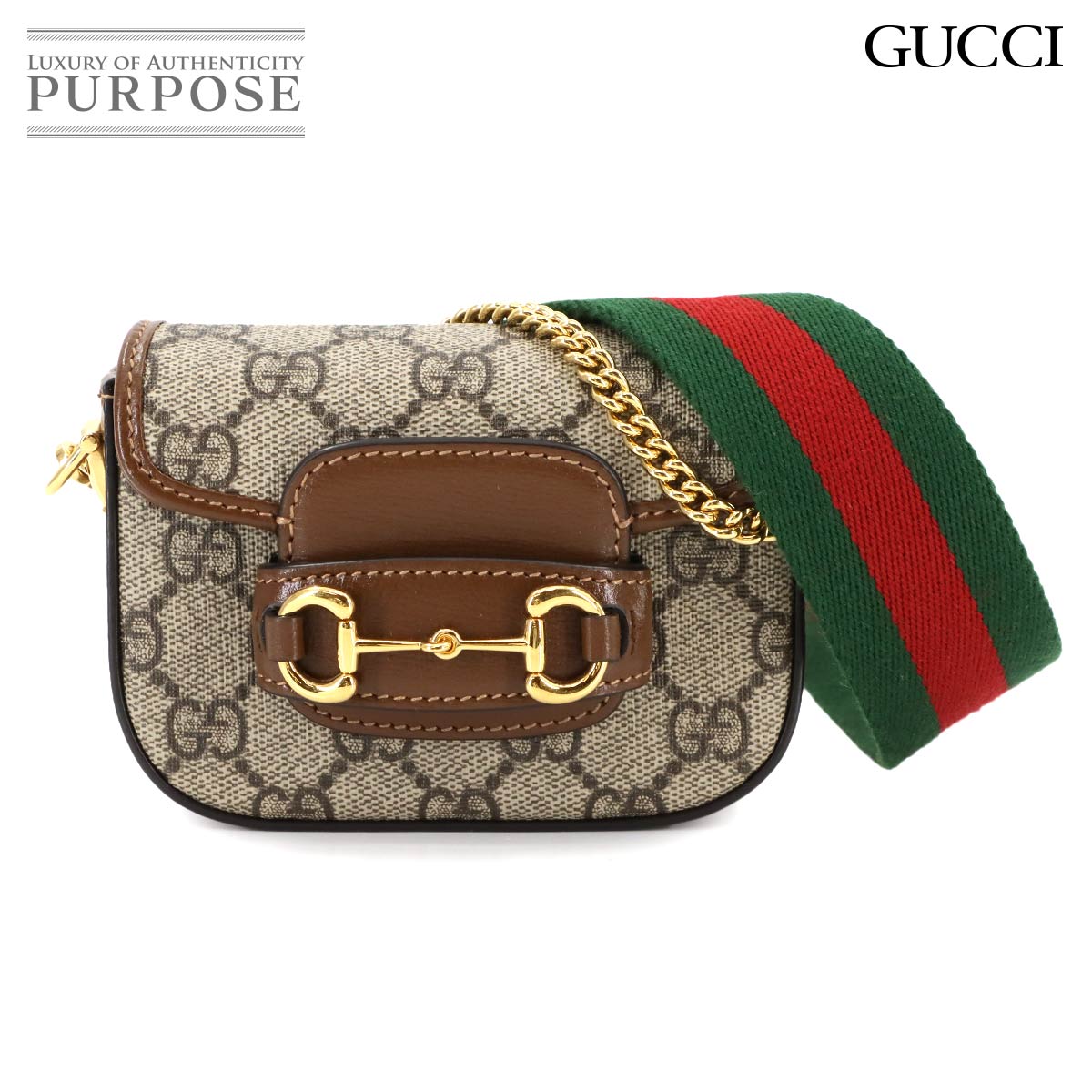 GUCCI ホースビット 1955 ミニ 2way チェーン ハンド ショルダー バッグ GGスプリームキャンバス レザー ベージュ ブラウン 699760 Horsebit 1955 Bag グッチ 90281952