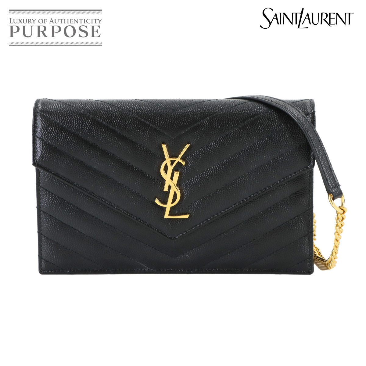 SAINT LAURENT カサンドラ エンベロープ チェーン ウォレット 長財布 レザー ブラック 742920 ゴールド 金具 Cassandre Envelope Chain Wallet サンローラン 90306164