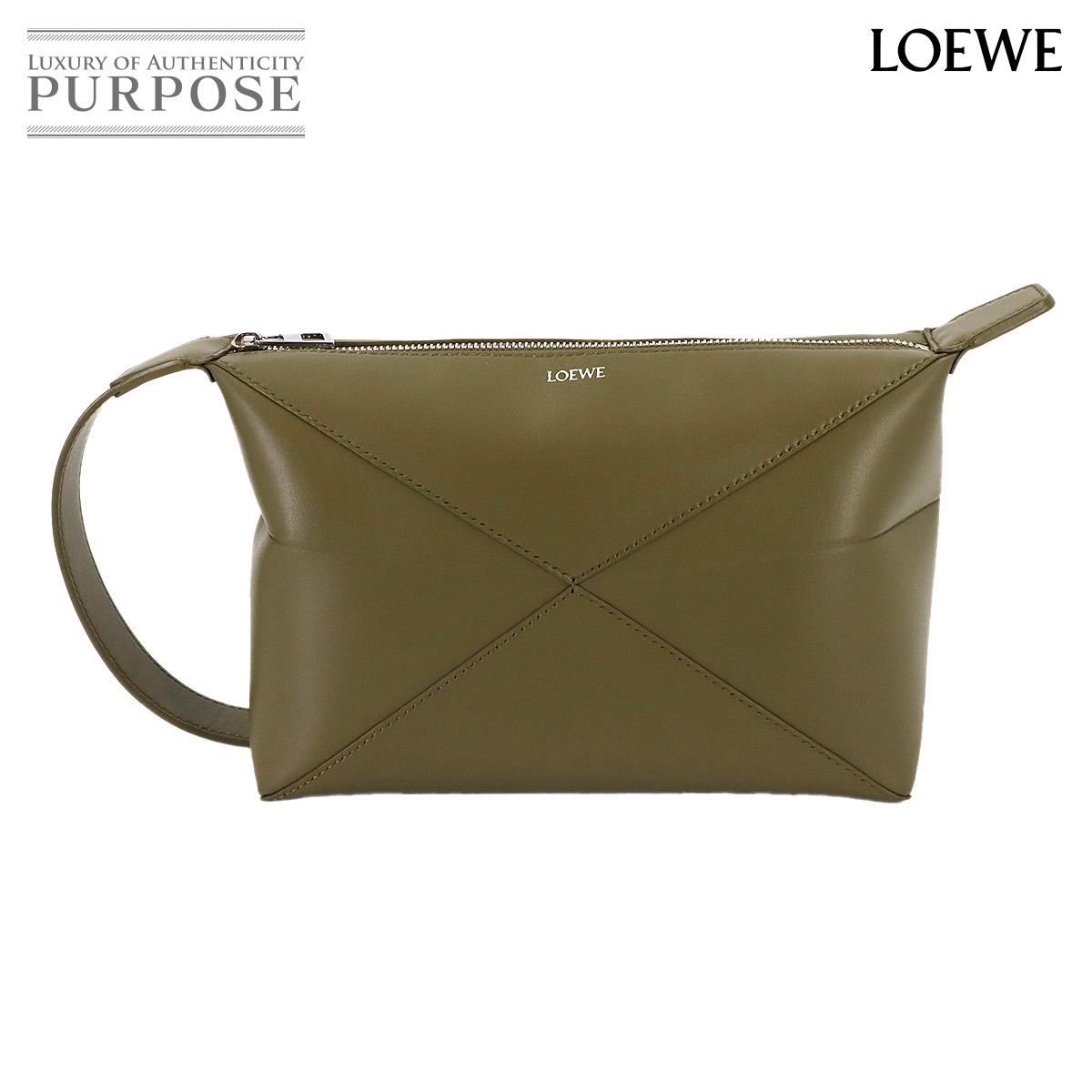 LOEWE パズル フォルド ウォッシュ ハンド クラッチ バッグ レザー オリーブ シルバー 金具 C510WBPX01 Puzzle Fold Wash ロエベ 90306307
