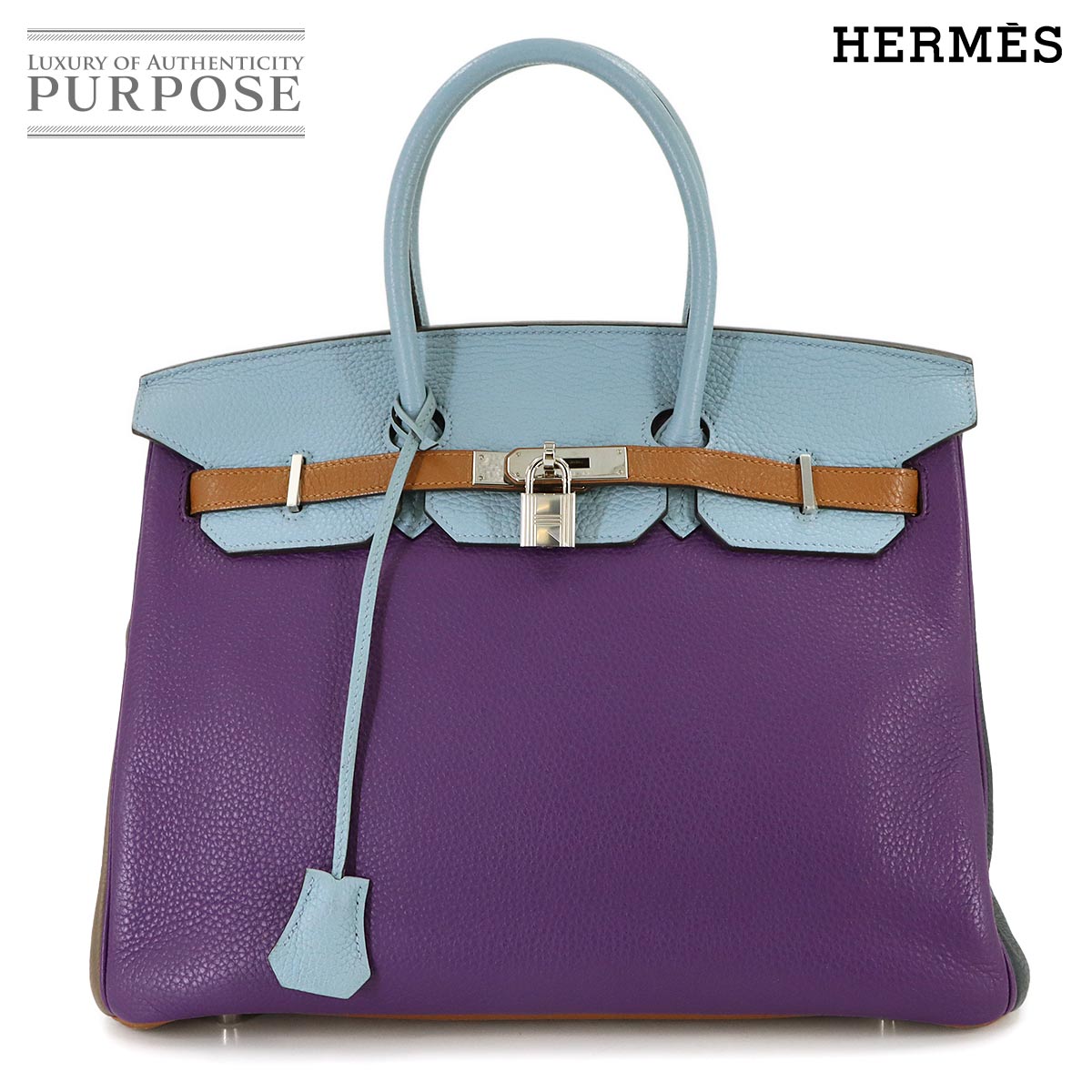 HERMES バーキン35 アルルカン トリヨンクレマンス ウルトラバイオレット ブルーラン ハンド バッグ エタン エトゥープ ゴールド □P刻印 Birkin Aarlequin エルメス 90320195