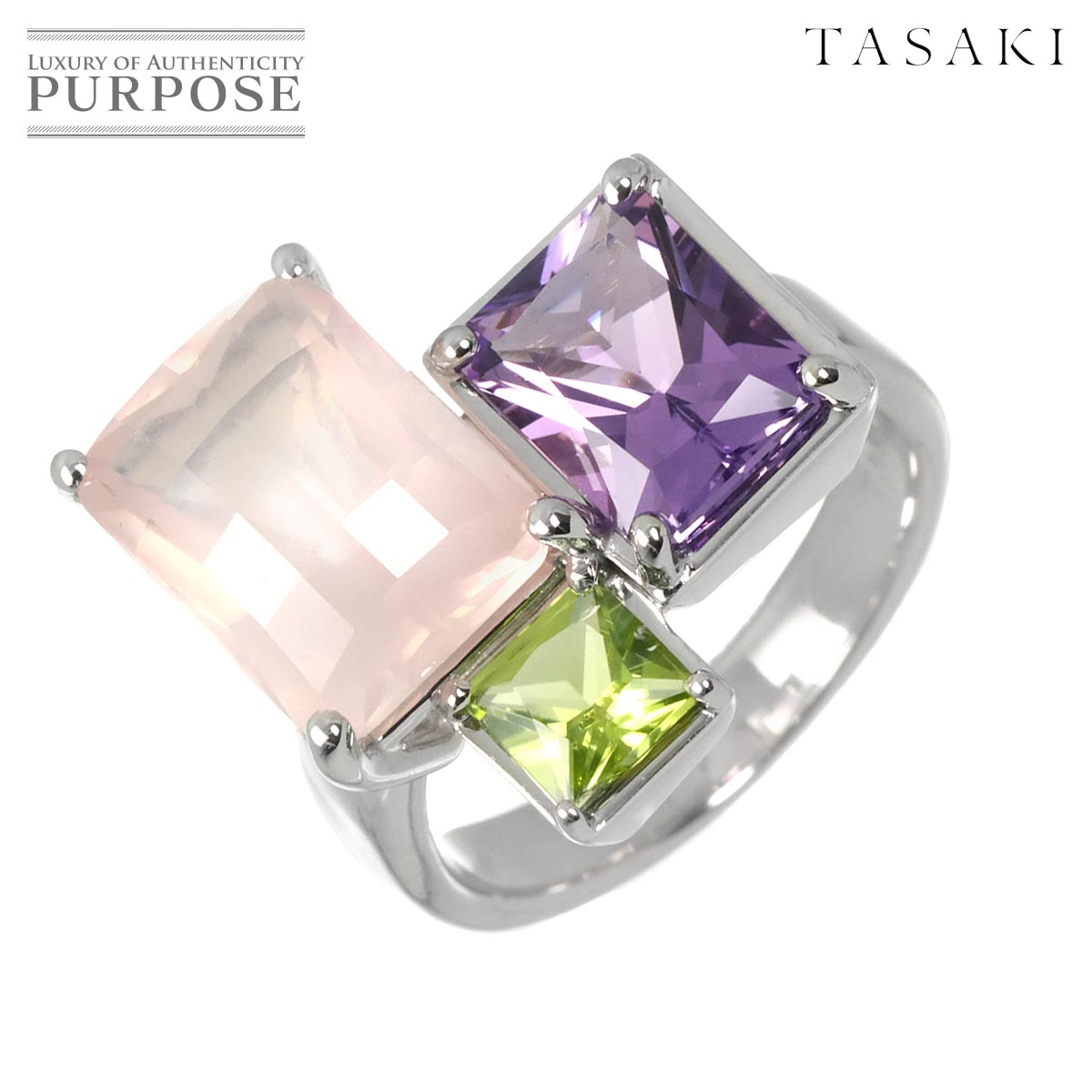 TASAKI 14号 リング クォーツ アメジスト ペリドット K18 WG ホワイトゴールド 750 指輪 田崎真珠 Quartz Ring タサキ 90329829