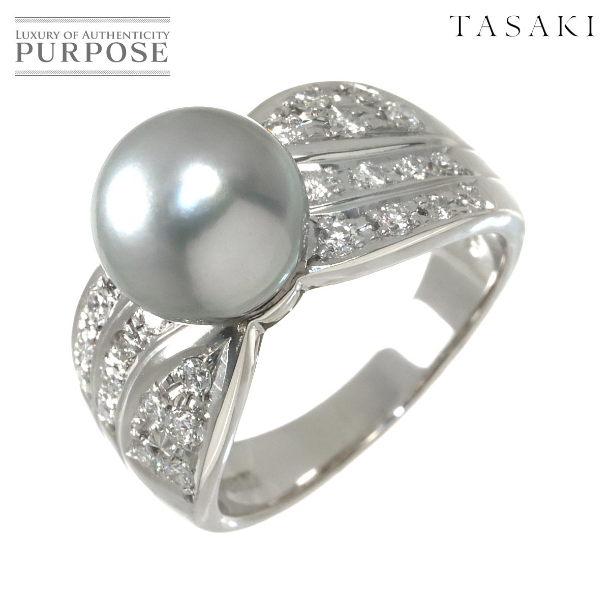 TASAKI 12号 リング 黒蝶真珠 9.2mm ダイヤ 0.40ct Pt プラチナ 指輪 パール 田崎真珠 Black Pearl Ring タサキ 90332187