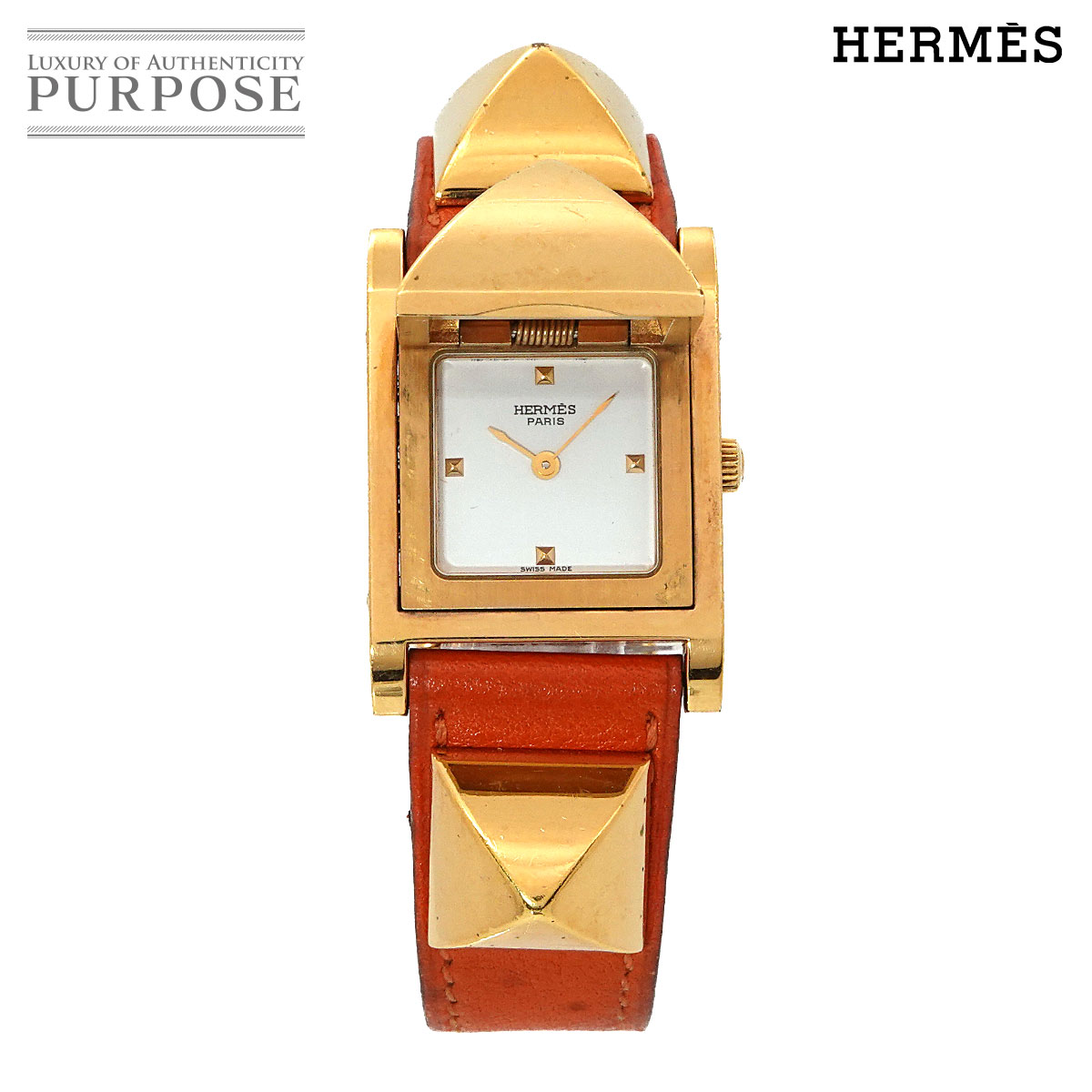 HERMES メドール ヴィンテージ レディース 腕時計 ピラミッド ゴールド スタッズ ホワイト オレンジ レザー クォーツ ウォッチ Medor エルメス 90338426