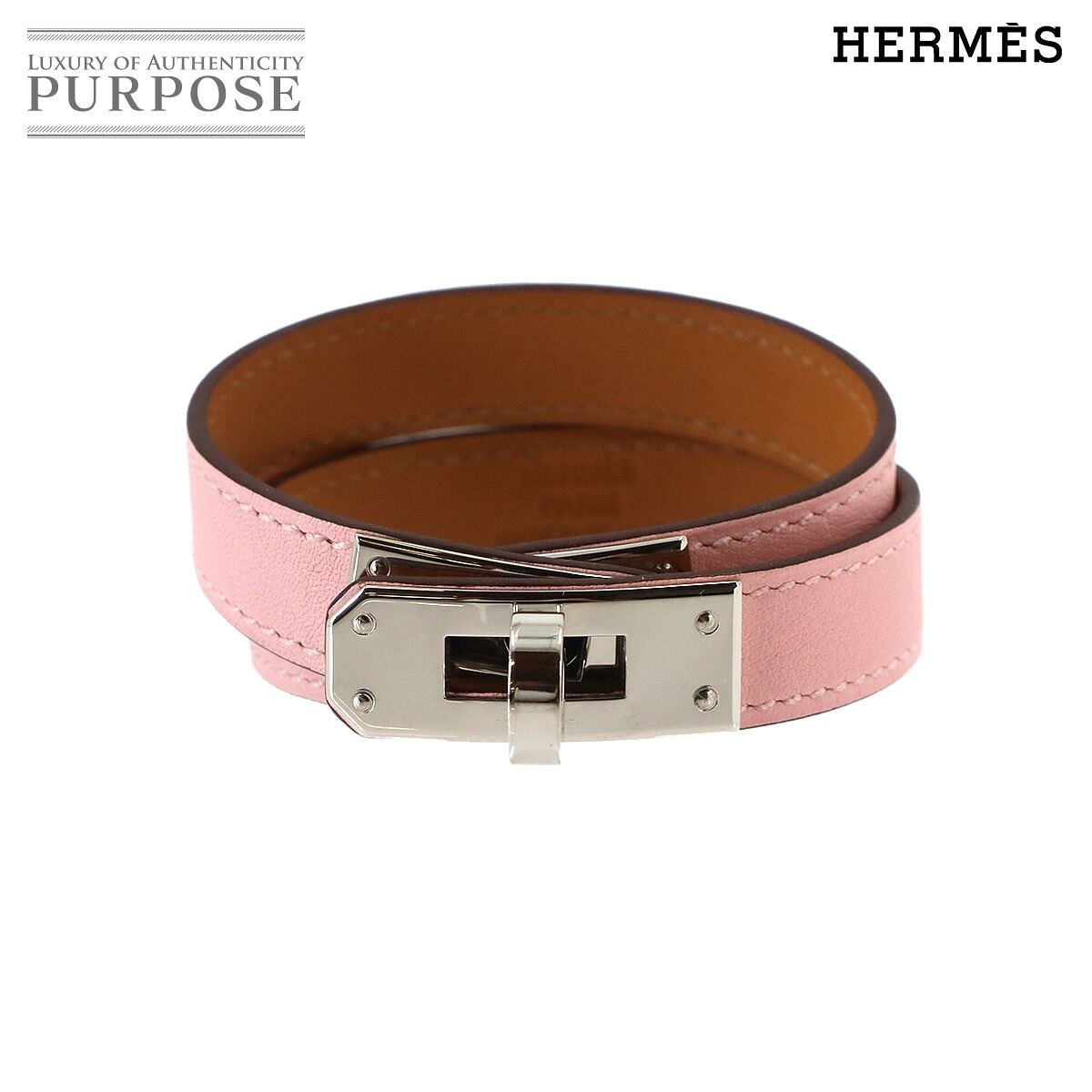 HERMES ケリー ドゥブルトゥール ブレスレット スイフト ローズサクラ Y刻印 T2 シルバー 金具 Kelly Double Tour エルメス 90331072