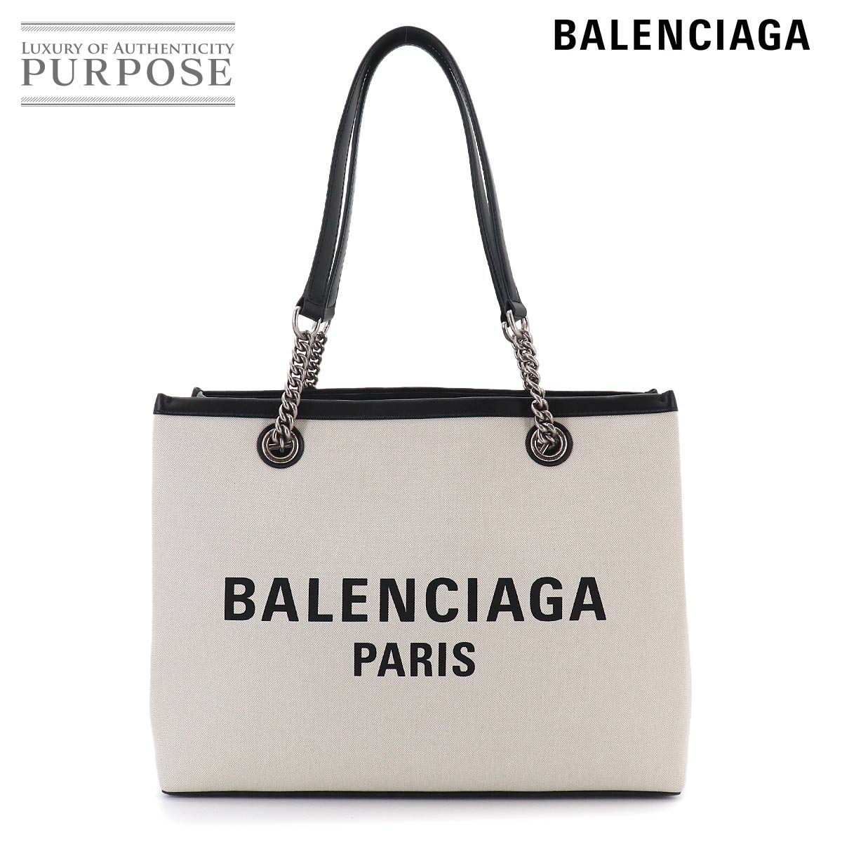 BALENCIAGA デューティーフリー トート バッグ キャンバス レザー ホワイト ブラック 759973 シルバー 金具 Duty Free Tote bag バレンシアガ 90331115