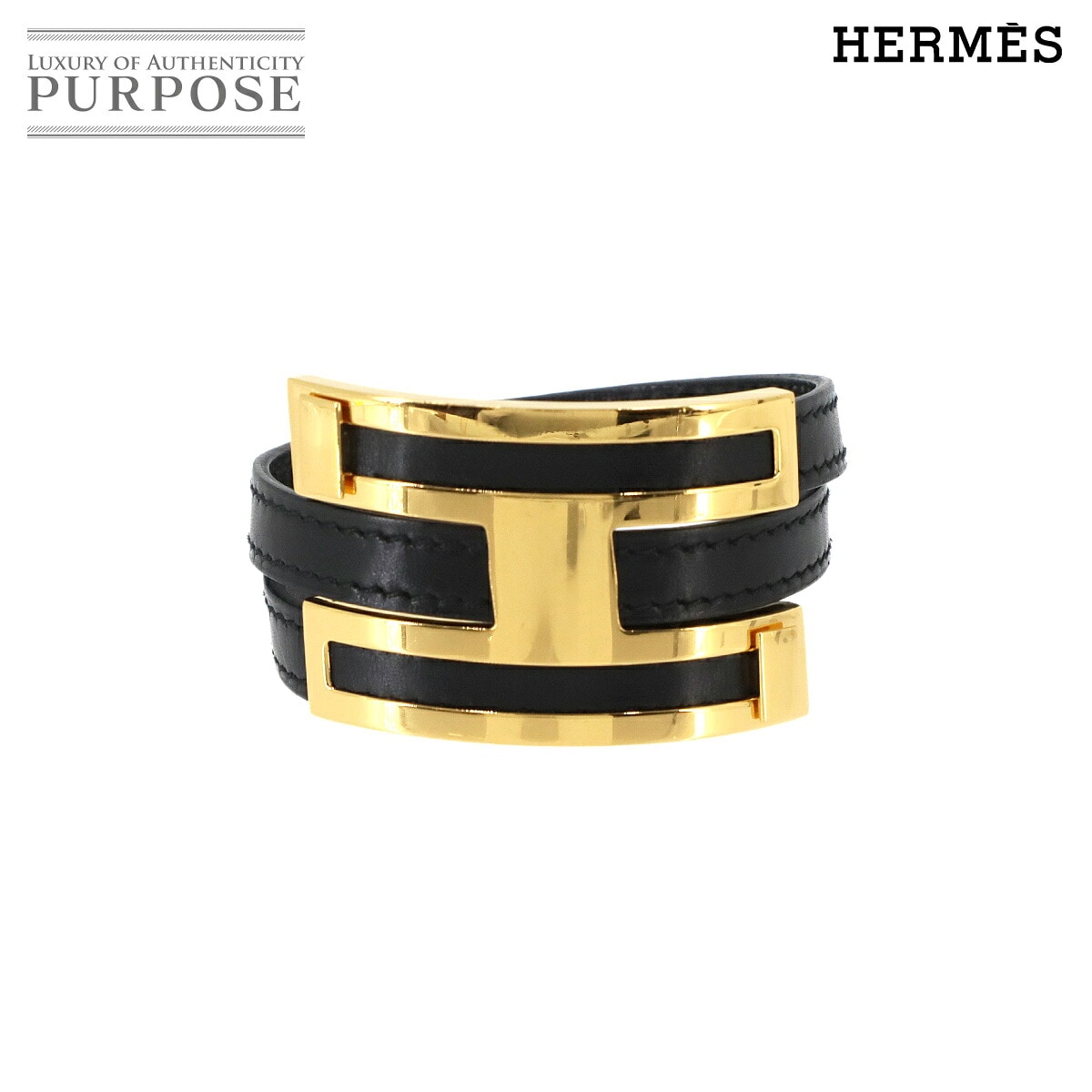 HERMES プスプス ブレスレット ボックスカーフ ブラック ゴールド 金具 アクセサリー Pousse Pousse Bracelet エルメス 90332395