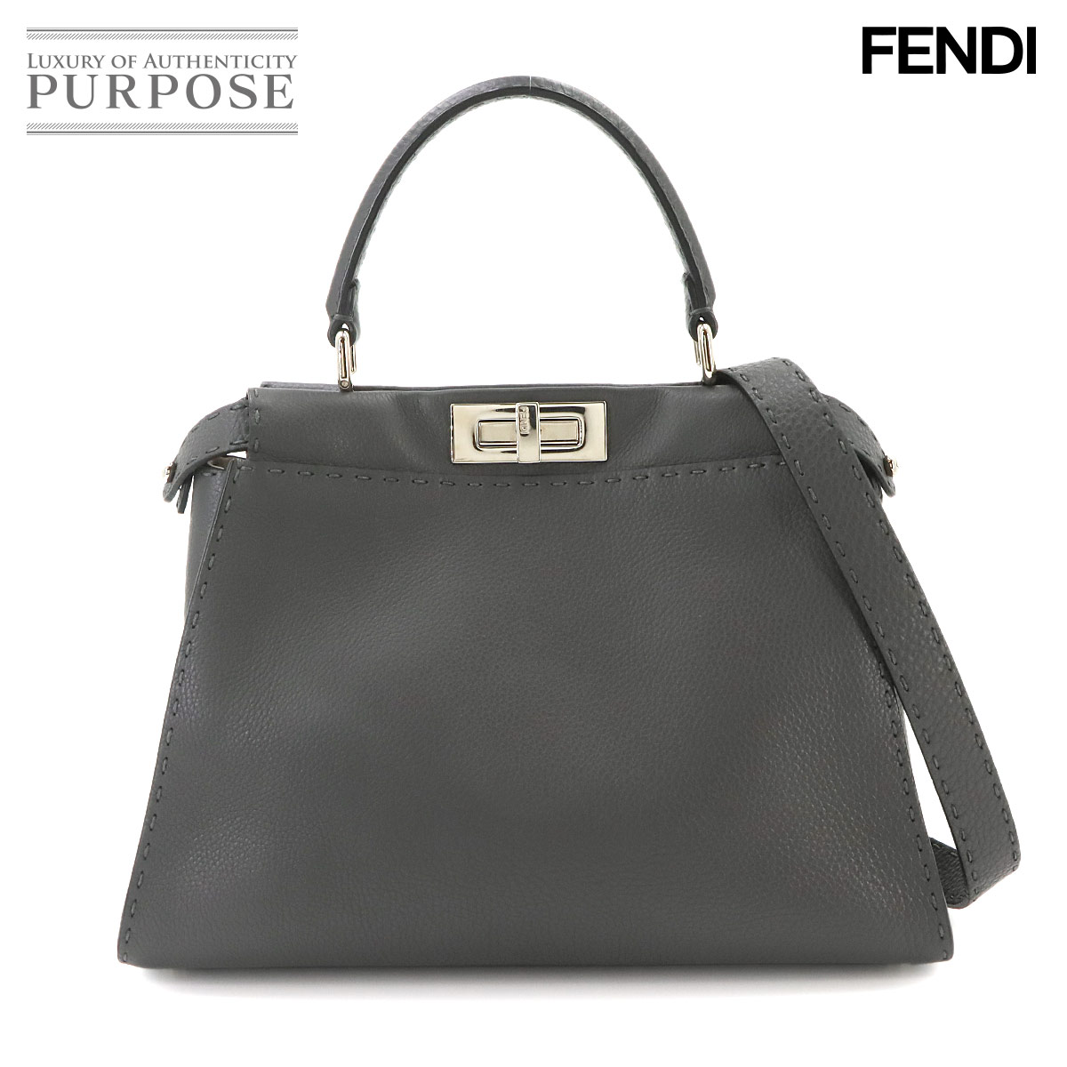 FENDI セレリア ピーカブー レギュラー 2way ハンド ショルダー バッグ レザー グレー 8BN290 Selleria Peekaboo フェンディ 90335934