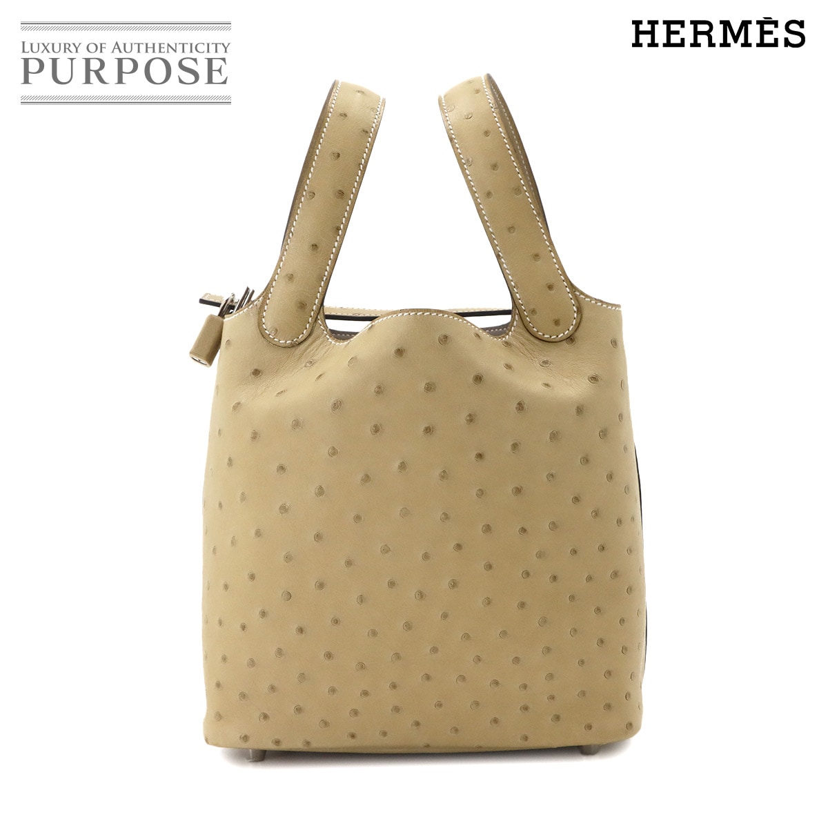 HERMES ピコタンロック PM ハンド バッグ オーストリッチ トレンチ エトゥープ シルバー 金具 B刻印 Picotin Lock PM エルメス 90336425