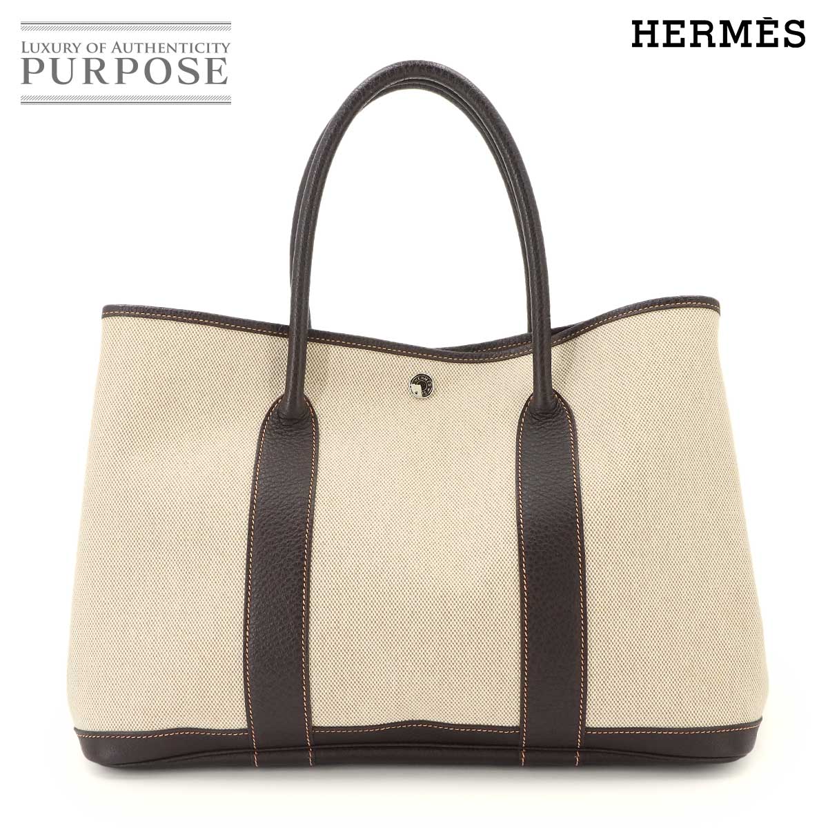 HERMES ガーデンパーティ 36 PM トート バッグ トワルアッシュ レザー ナチュラル マロン □I刻印 シルバー 金具 Garden Party PM エルメス 90336696