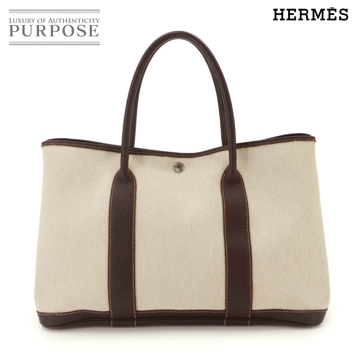 HERMES ガーデンパーティ 36 PM トート バッグ トワルアッシュ レザー ナチュラル マロン □G刻印 シルバー 金具 Garden Party PM エルメス 90337821
