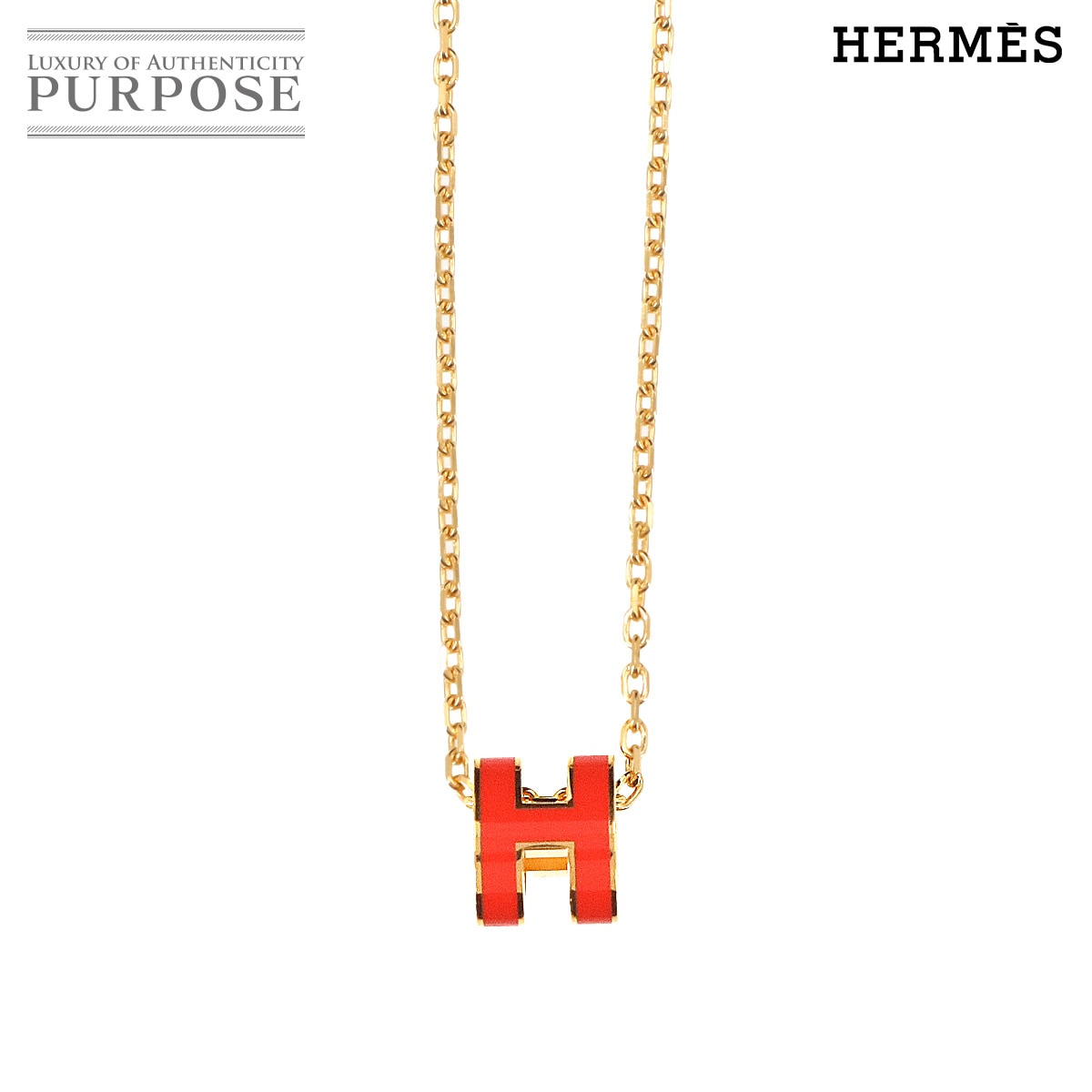 HERMES ミニ ポップアッシュ H ネックレス オレンジ ゴールド アクセサリー Pop H Necklace エルメス 90334436