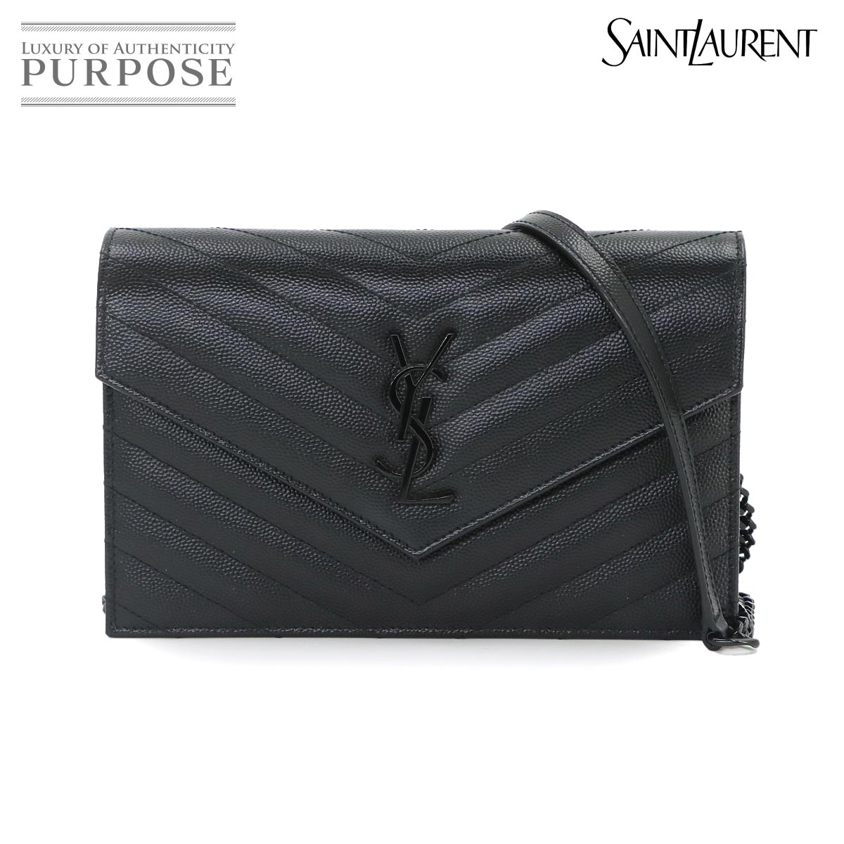 SAINT LAURENT カサンドラ エンベロープ チェーン ウォレット 長財布 レザー ブラック 393963 ブラック 金具 Cassandre Envelope Chain Wallet サンローラン 90335247