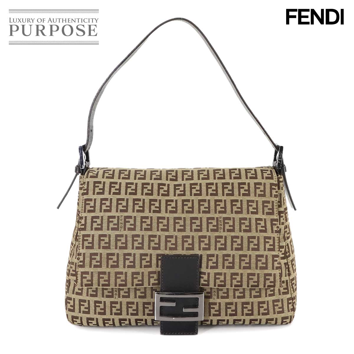 FENDI ズッキーノ マンマバゲット ショルダー バッグ キャンバス ベージュ ブラウン 8BR001 シルバー 金具 Zucchino Mamma Baguette フェンディ 90307140