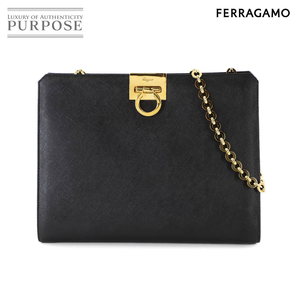 Salvatore Ferragamo ガンチーニ チェーン ショルダー バッグ レザー ブラック 21 8753 Gancini Bag サルヴァトーレ フェラガモ 90312442