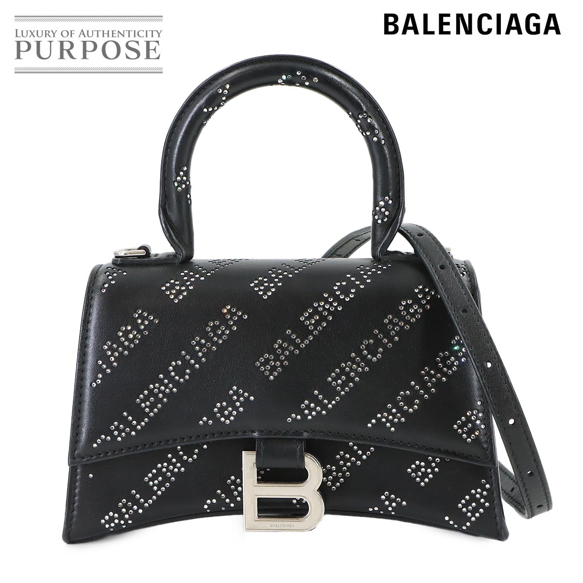 BALENCIAGA アワーグラス XS 2way ハンド ショルダー バッグ レザー ラインストーン ブラック 719115 Hourglass Bag バレンシアガ 90322791