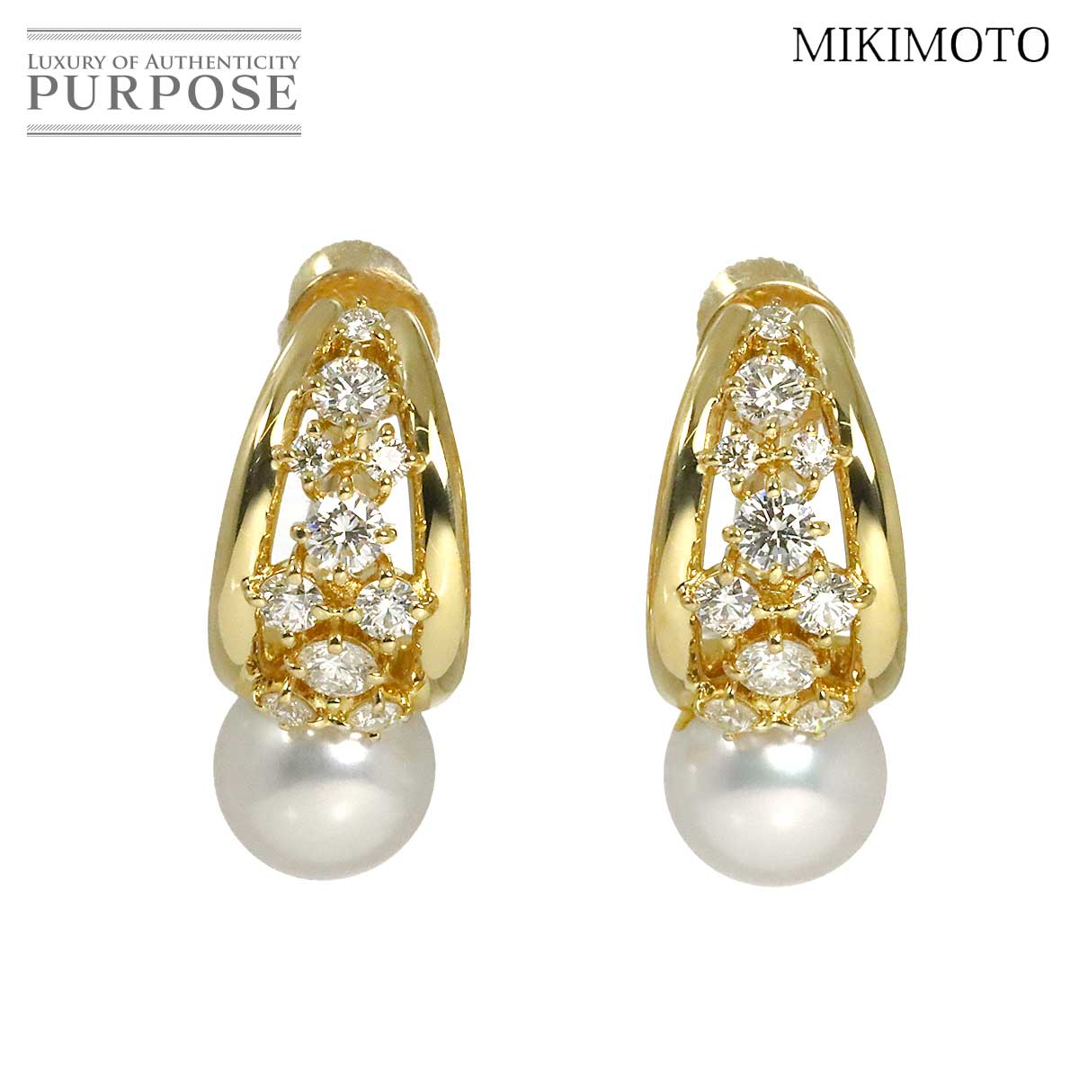 MIKIMOTO アコヤ真珠 8.1mm ダイヤ 0.49ct/0.46ct イヤリング K18 YG イエローゴールド 750 パール Earrings ミキモト 90332125