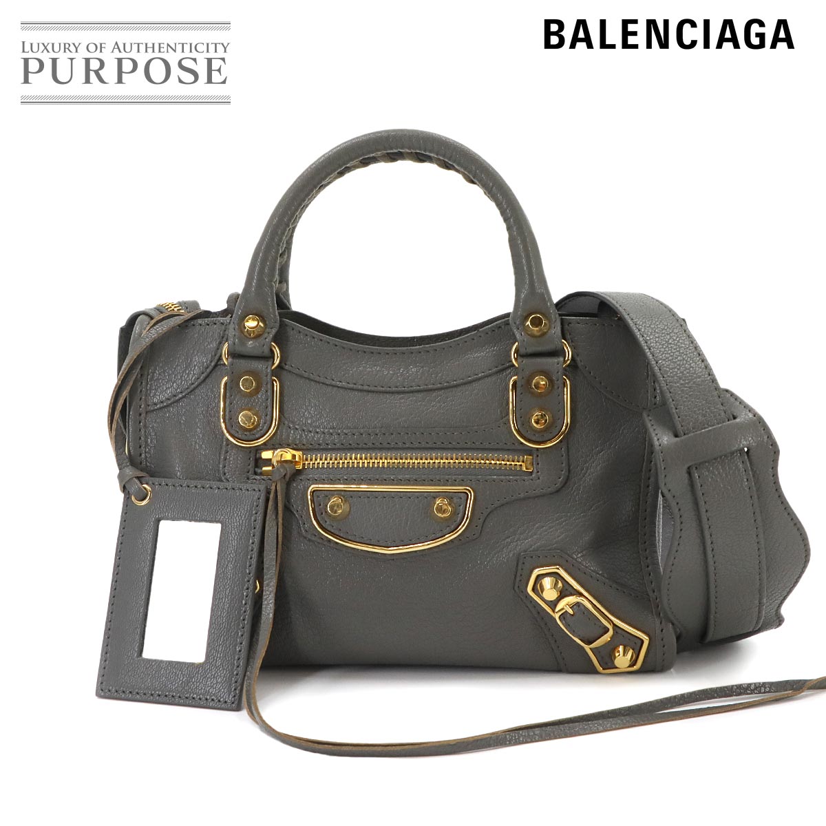 BALENCIAGA クラシック メタリック エッジ ミニ シティ 2way ハンド ショルダー バッグ レザー グレー 390160 Classic Metalic Edge Mini City バレンシアガ 90332988